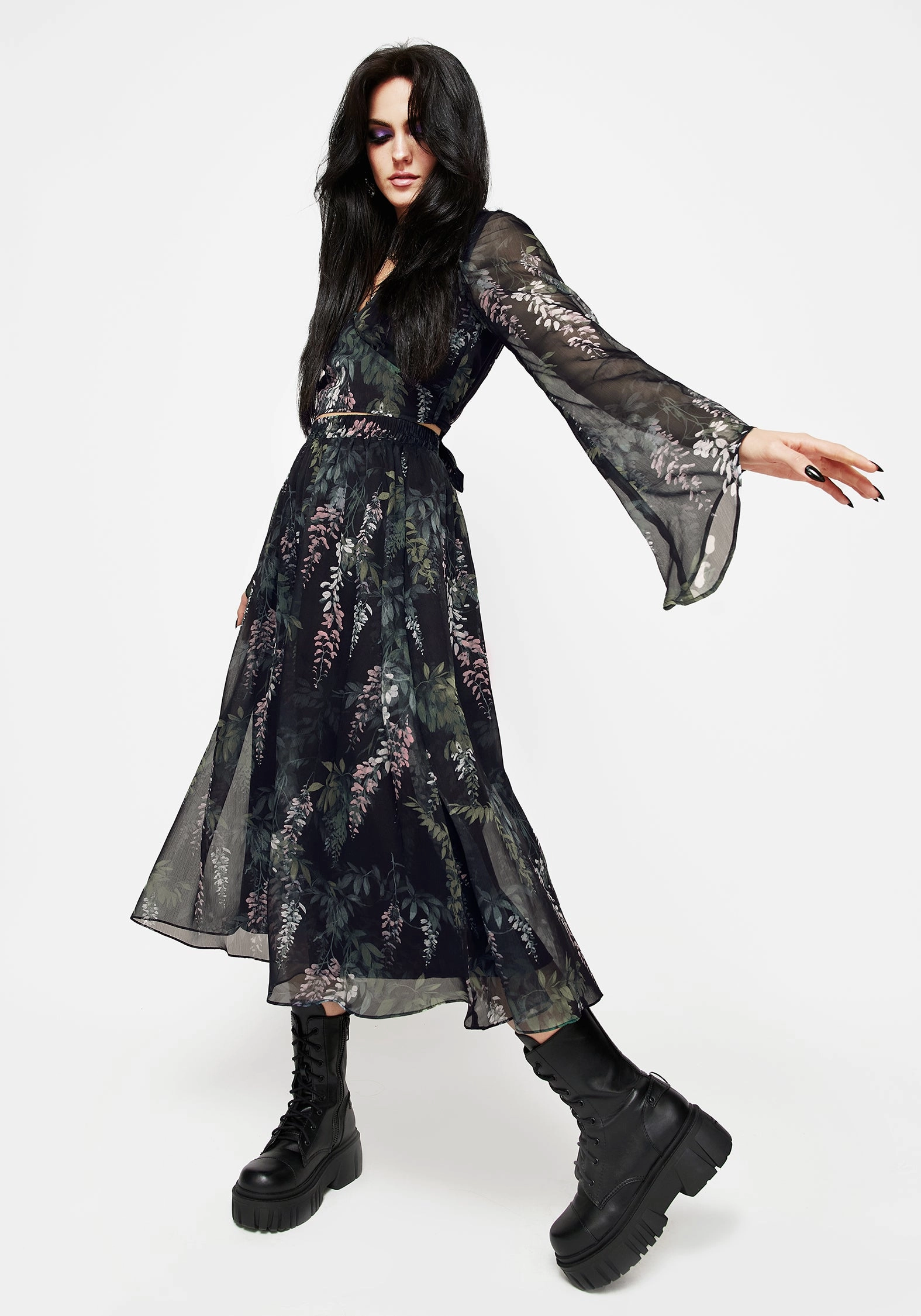 Wisteria Floral Print Chiffon Midi Skirt Convertible Style Wrinkle Resistant Finish
