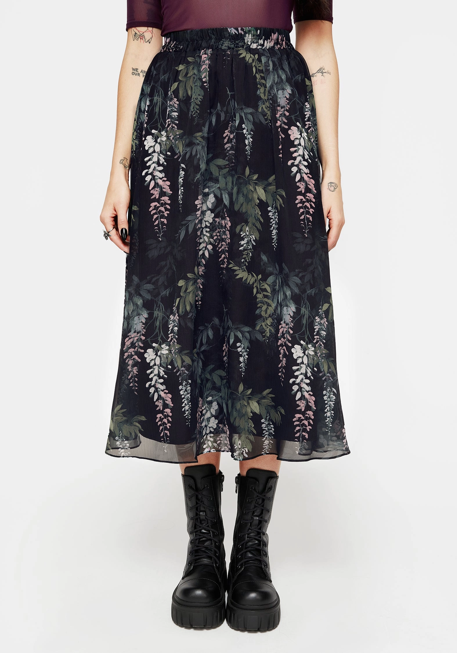 Wisteria Floral Print Chiffon Midi Skirt Fresh Fit