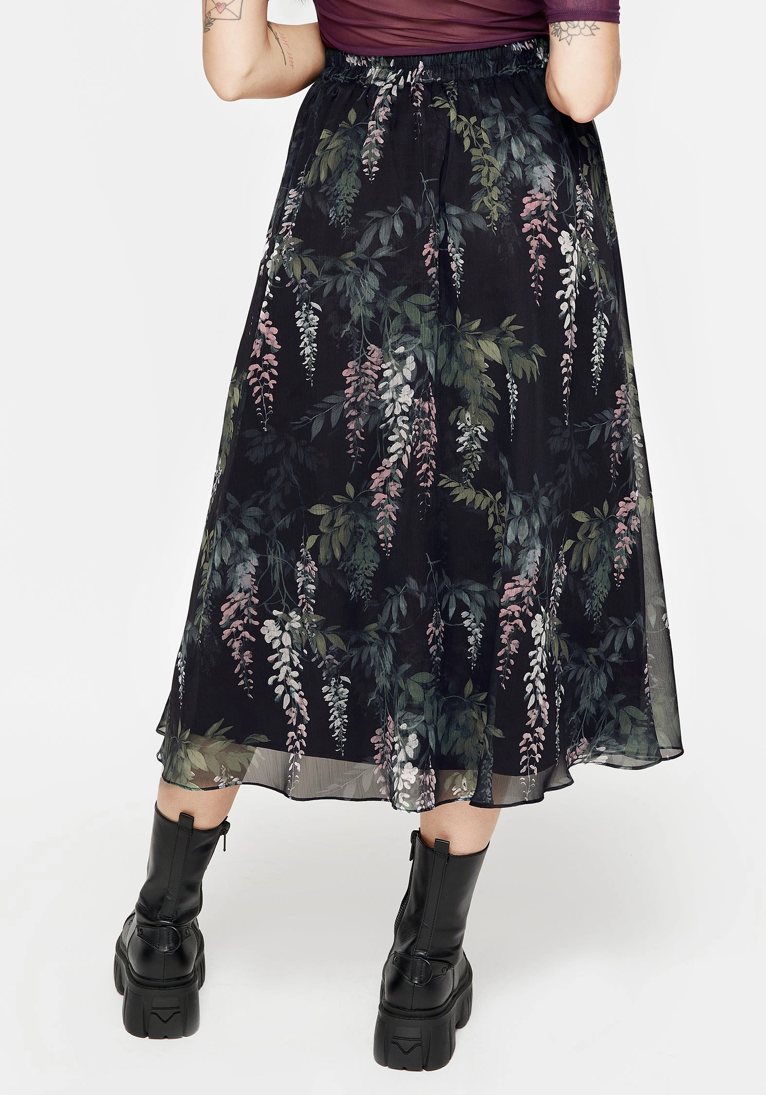Wisteria Floral Print Chiffon Midi Skirt Sheer Overlay Mid Length