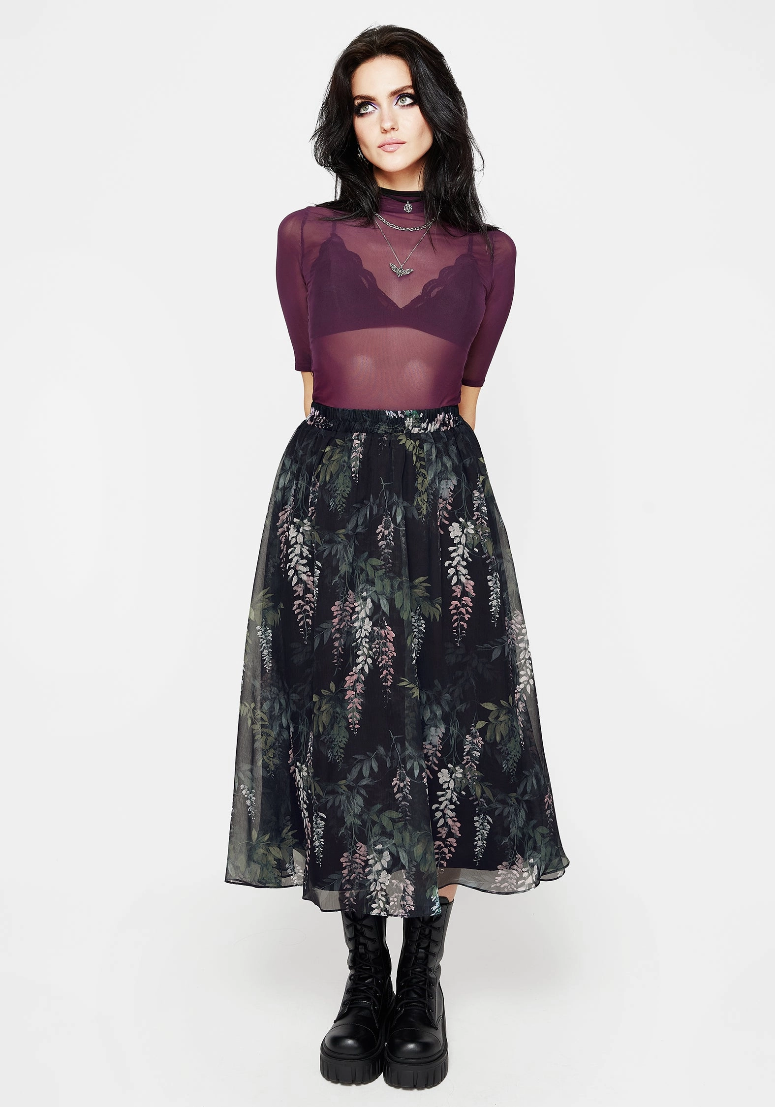Wisteria Floral Print Chiffon Midi Skirt Smooth Edging Soft Layers