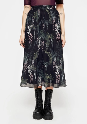 Wisteria Floral Print Chiffon Midi Skirt Fresh Fit