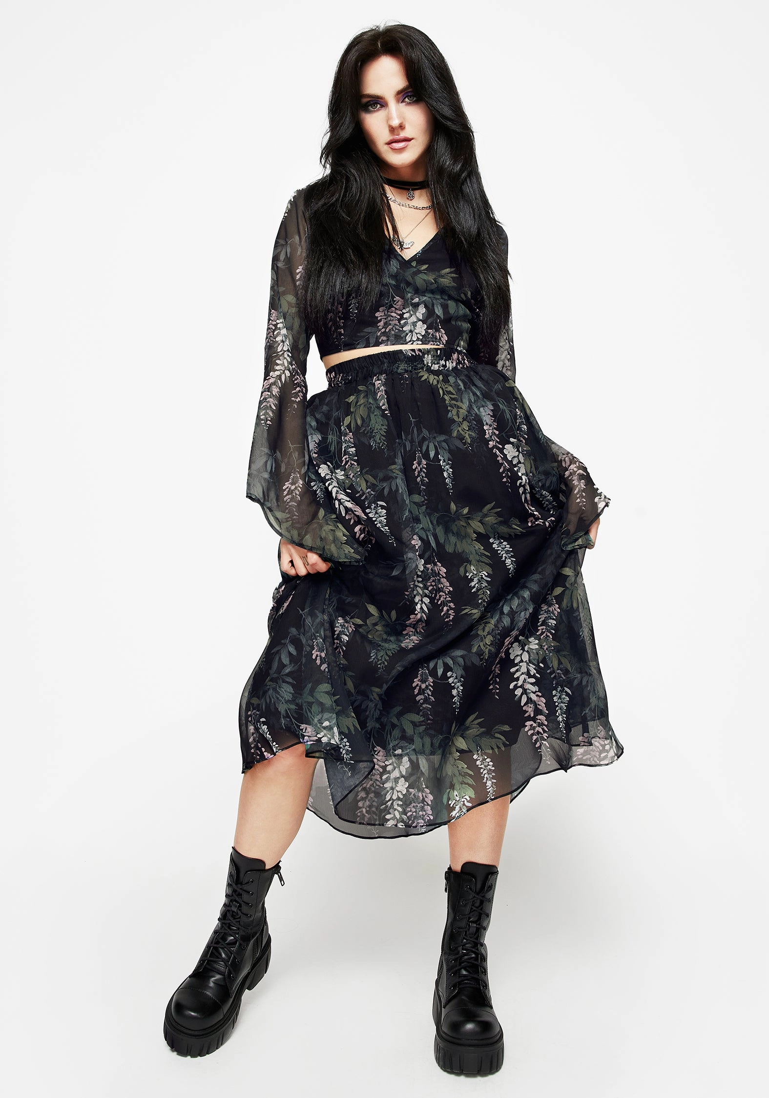 Flexible Material Wisteria Floral Print Chiffon Midi Skirt