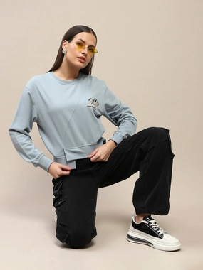 Casual Comfort Madame Cotton Embroidery Detailed Light Sky Crop Sweatshirt