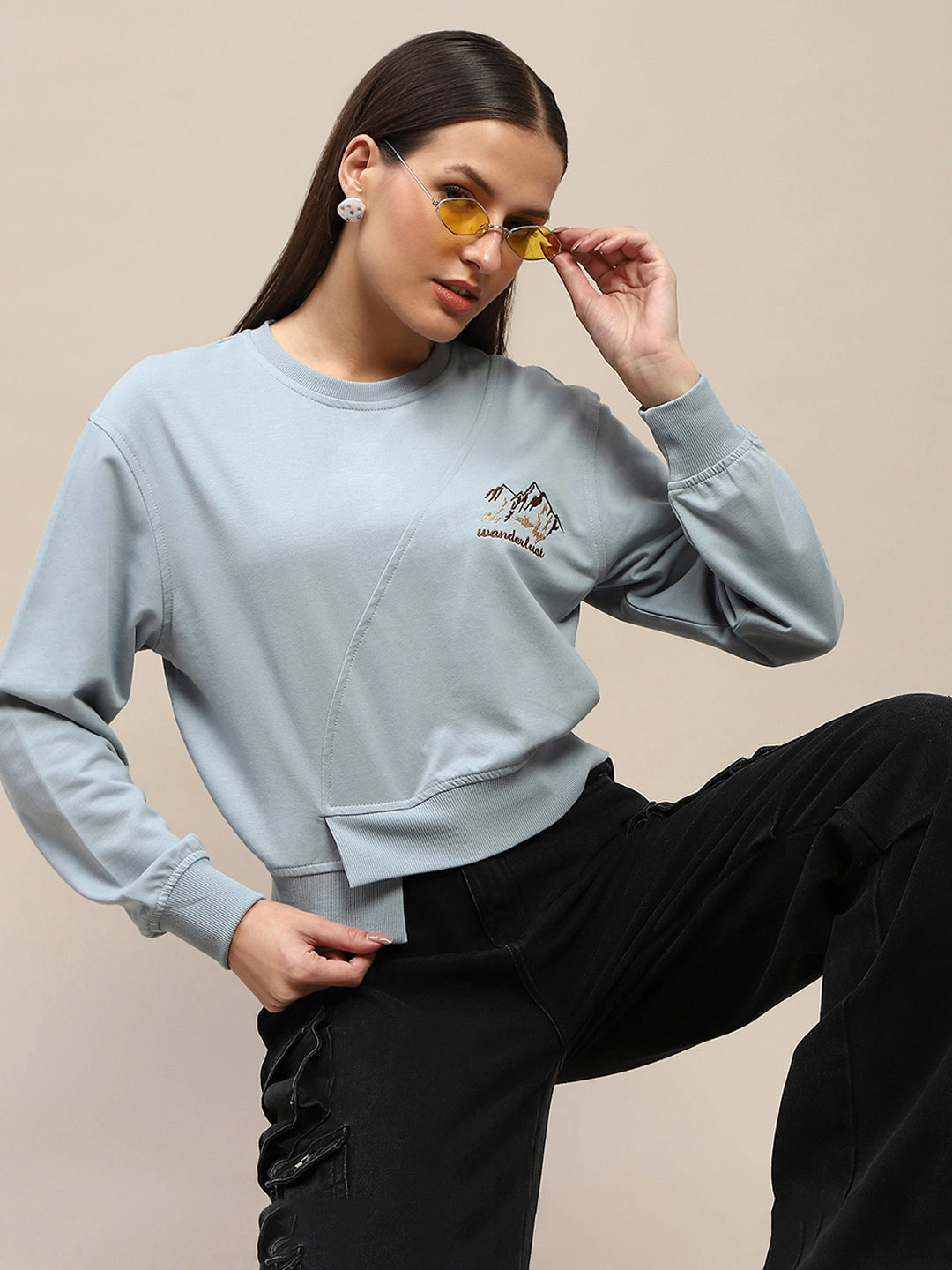 Madame Cotton Embroidery Detailed Light Sky Crop Sweatshirt hot weather wear Casual Elegance