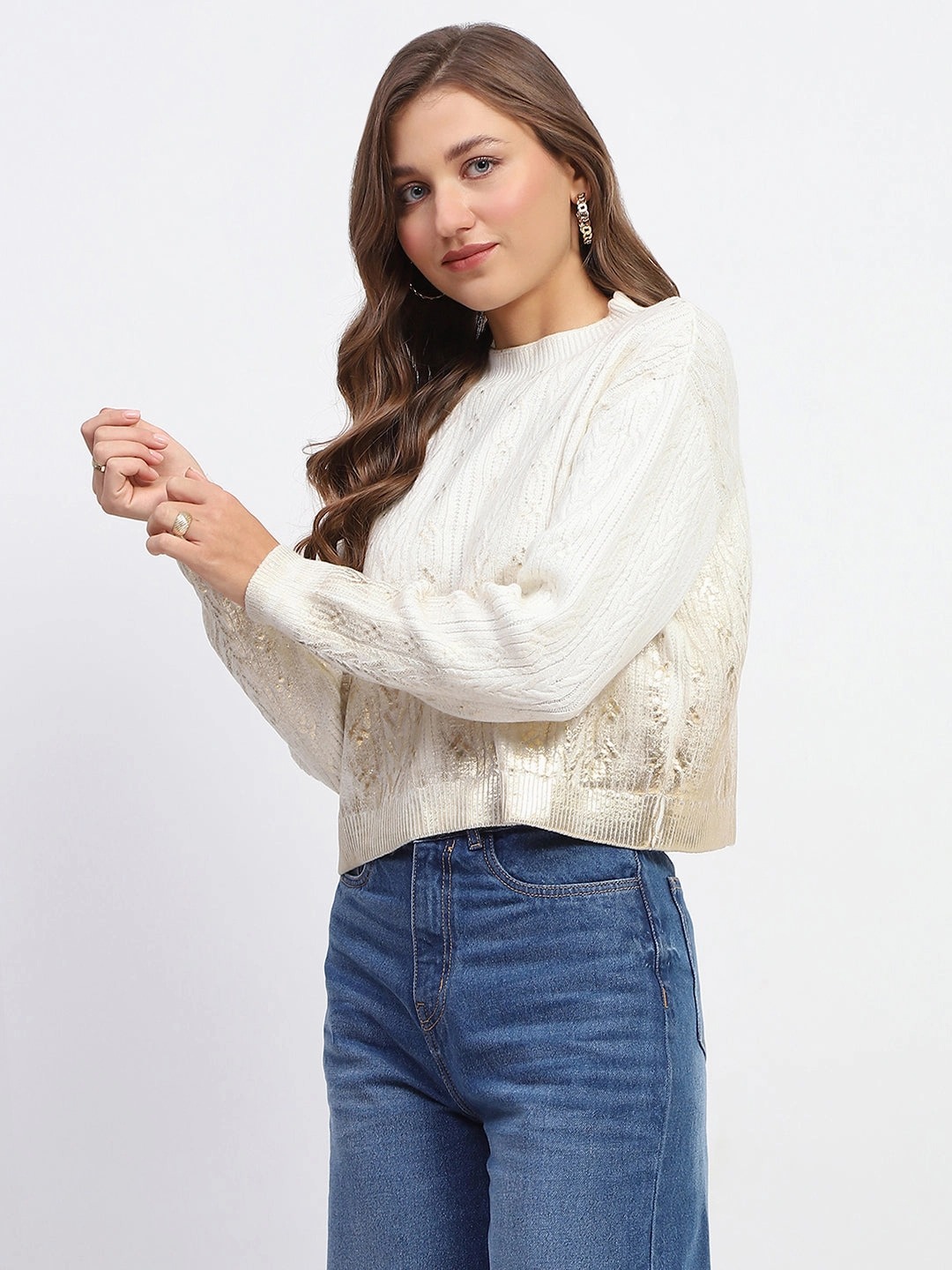 Cozy Fashion Madame Solid Off White Cable Knit Sweater