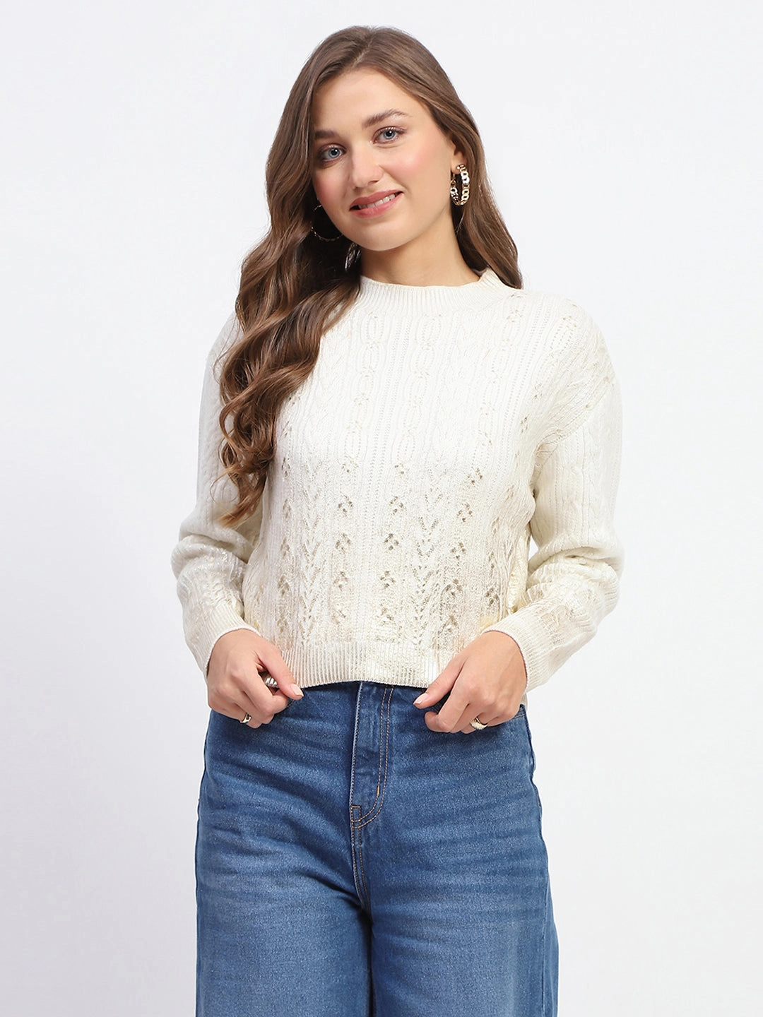 Madame Solid Off White Cable Knit Sweater Casual Knit