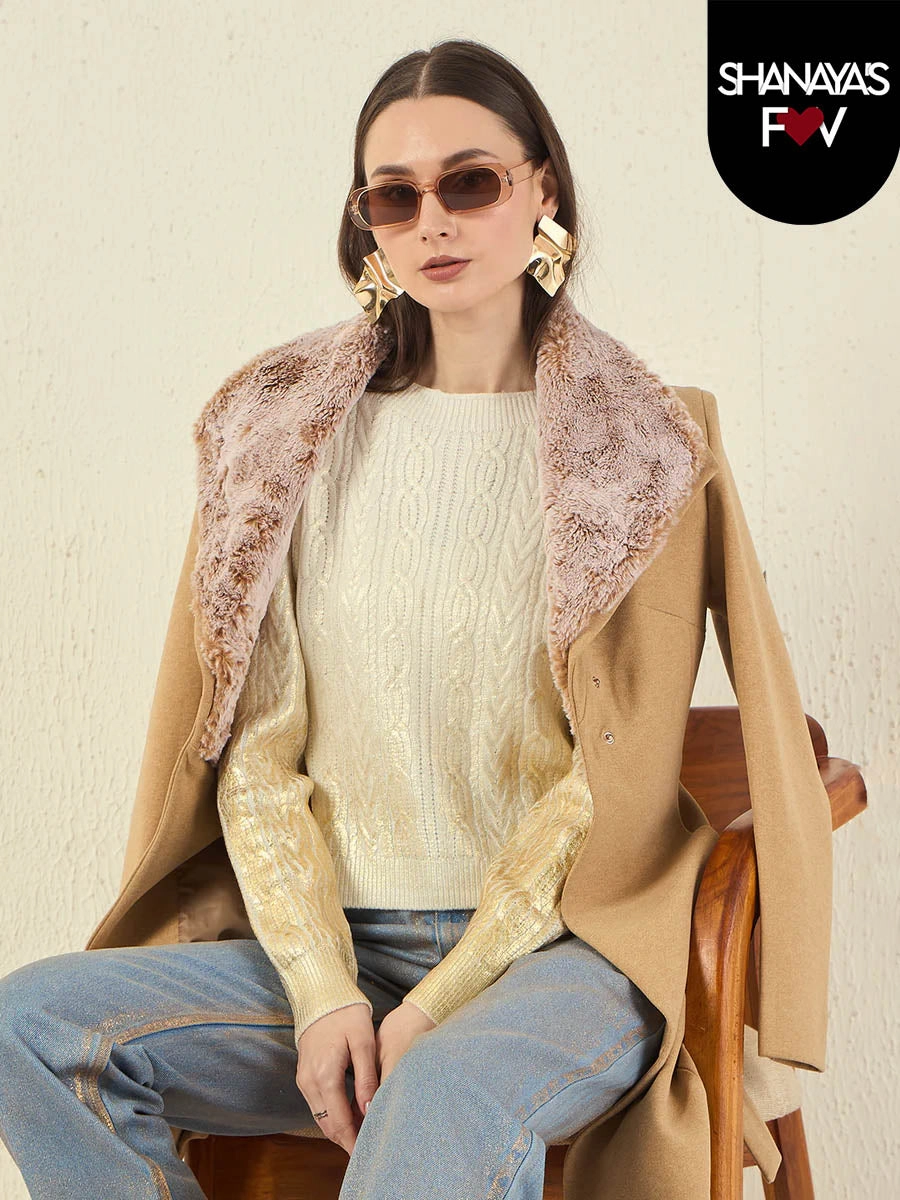 Cold-Weather Ready Casual Knit Layer Madame Solid Off White Cable Knit Sweater