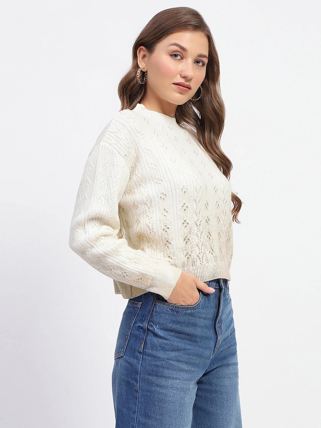 Madame Solid Off White Cable Knit Sweater Basic Layering Odor Resistant Fabric