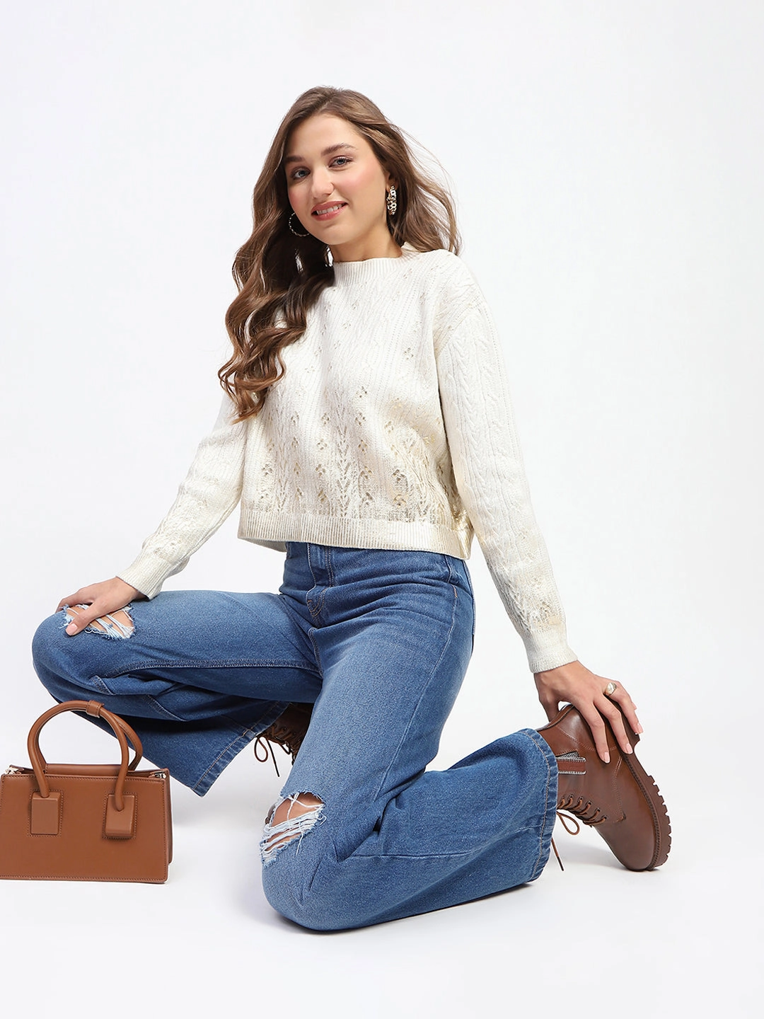 Madame Solid Off White Cable Knit Sweater Knit Apparel Stylish Comfort