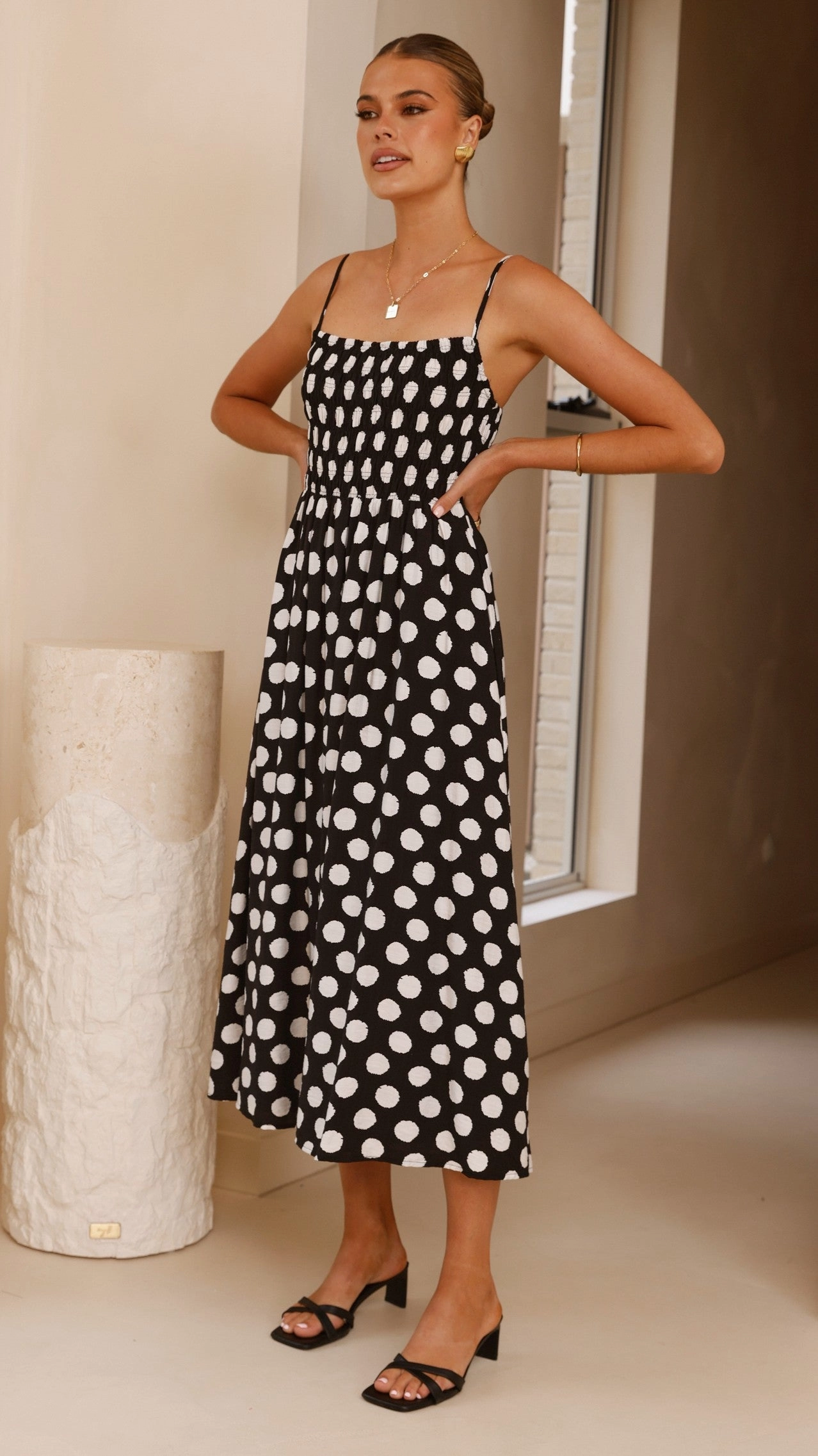 Roma Midi Dress - Black/ White Polka Dot Modern and Feminine