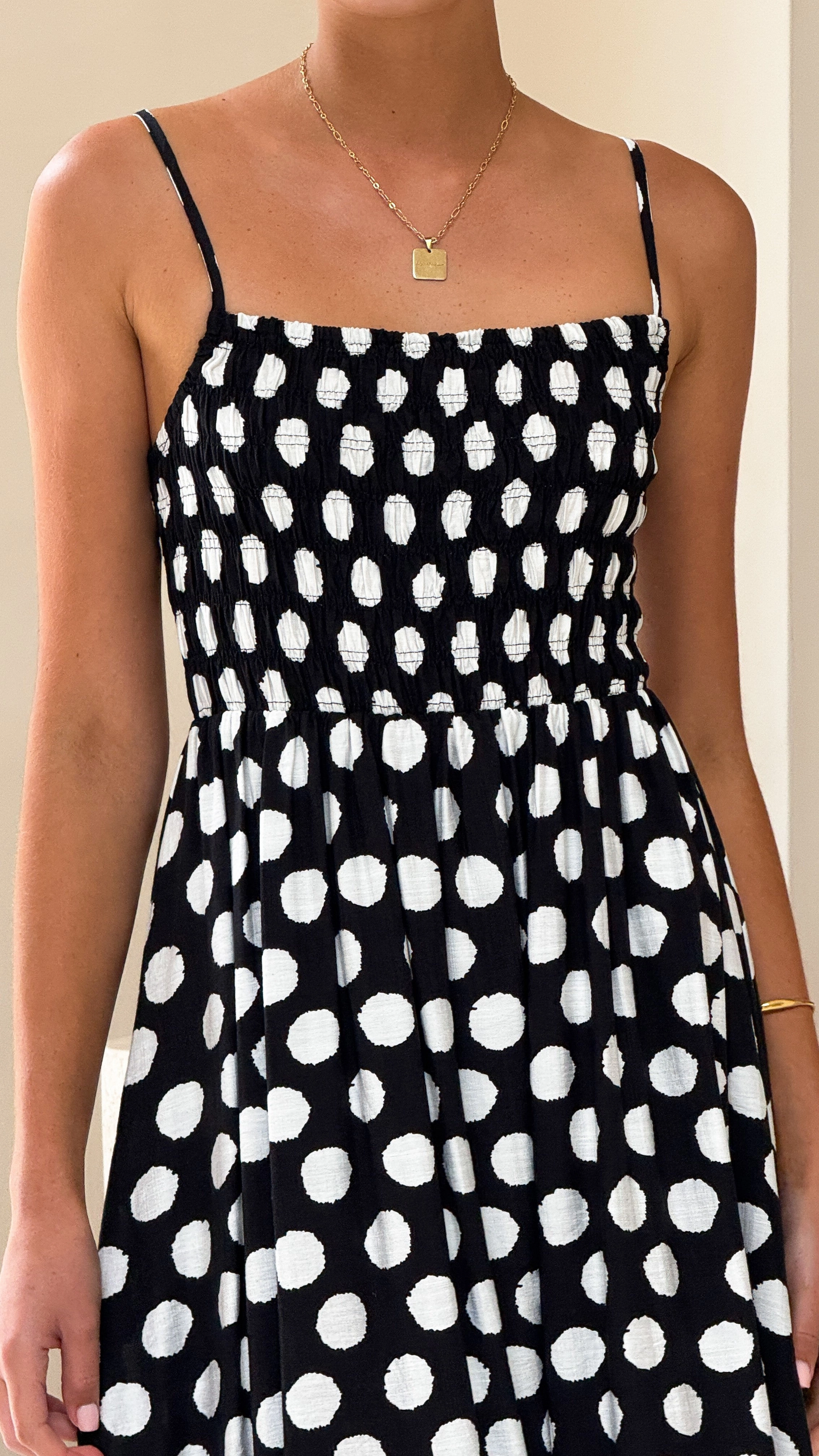 Roma Midi Dress - Black/ White Polka Dot Adjustable Straps Urban Favorite