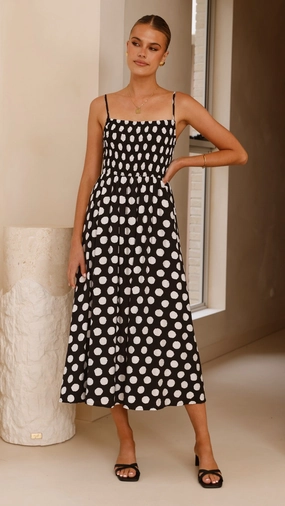 Roma Midi Dress - Black/ White Polka Dot Natural Style Timeless Wearable
