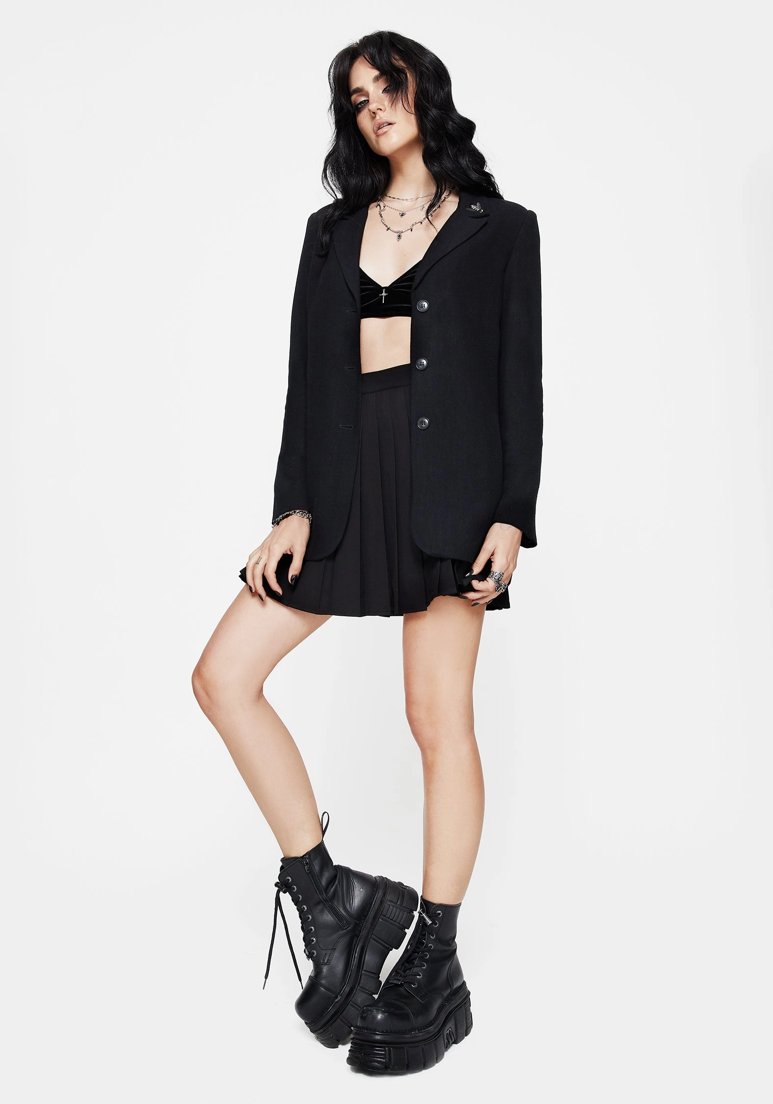 Chloris Embroidered Longline Blazer Houndstooth Print Moisture Wicking Inner Layer