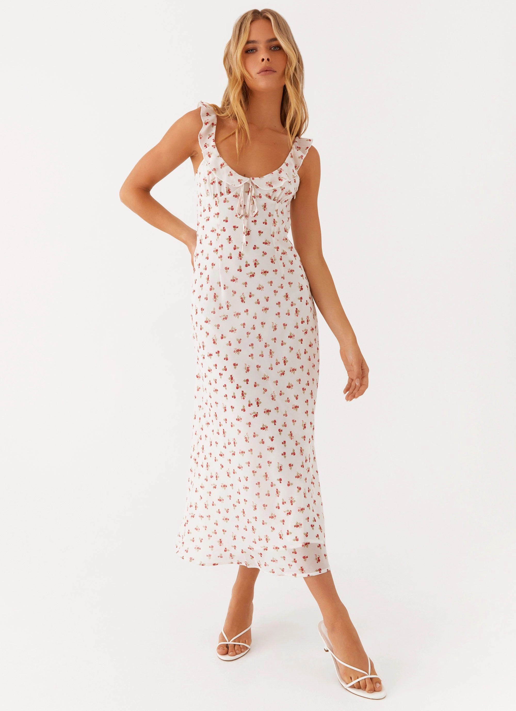 Fashion-forward day dress Bold-Color Second Guessing Midi Dress - Red White Floral
