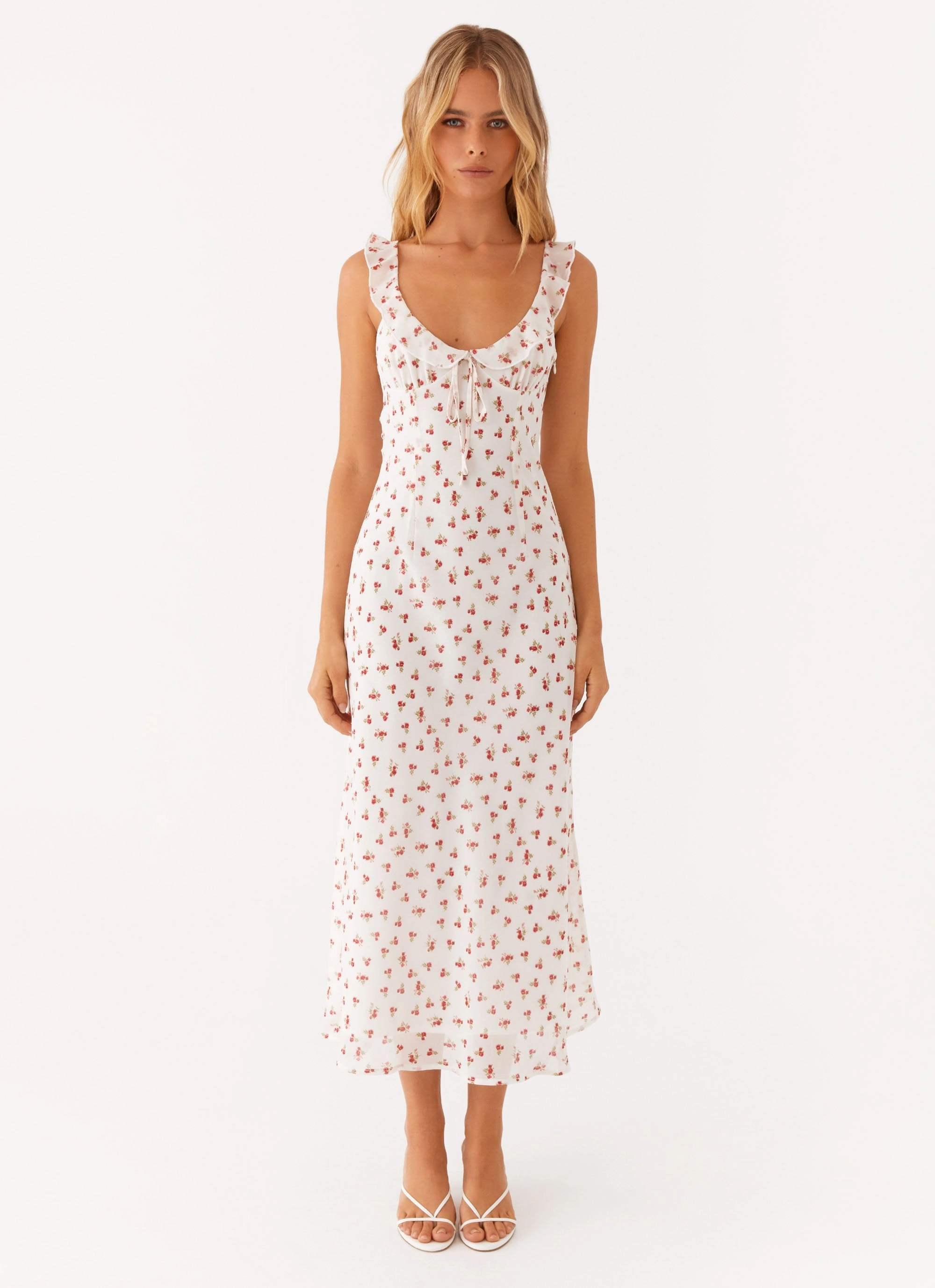 Street Style Minimalist Elegance Second Guessing Midi Dress - Red White Floral