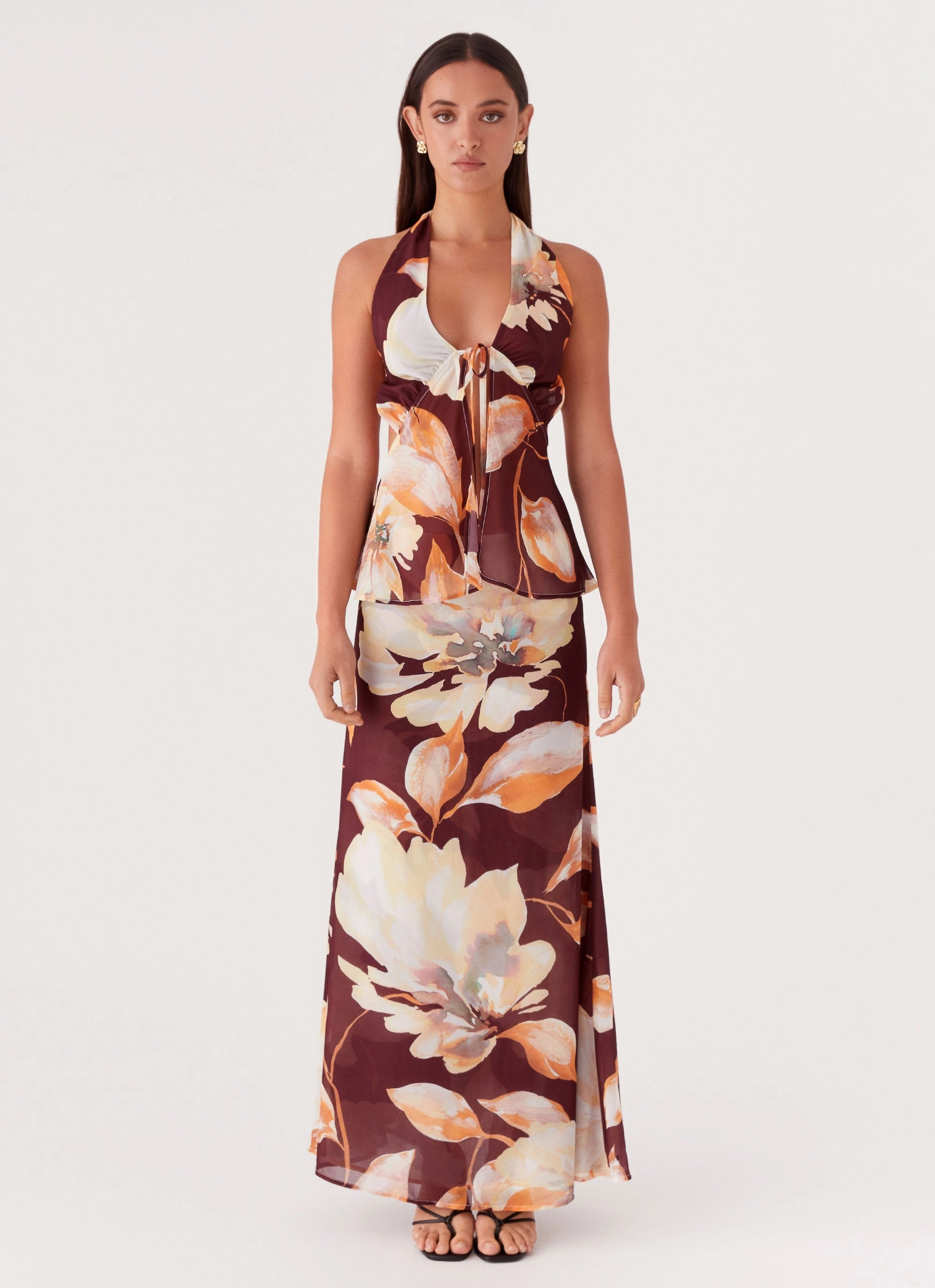 Cruise Attire Camellia Maxi Skirt - Brown Floral