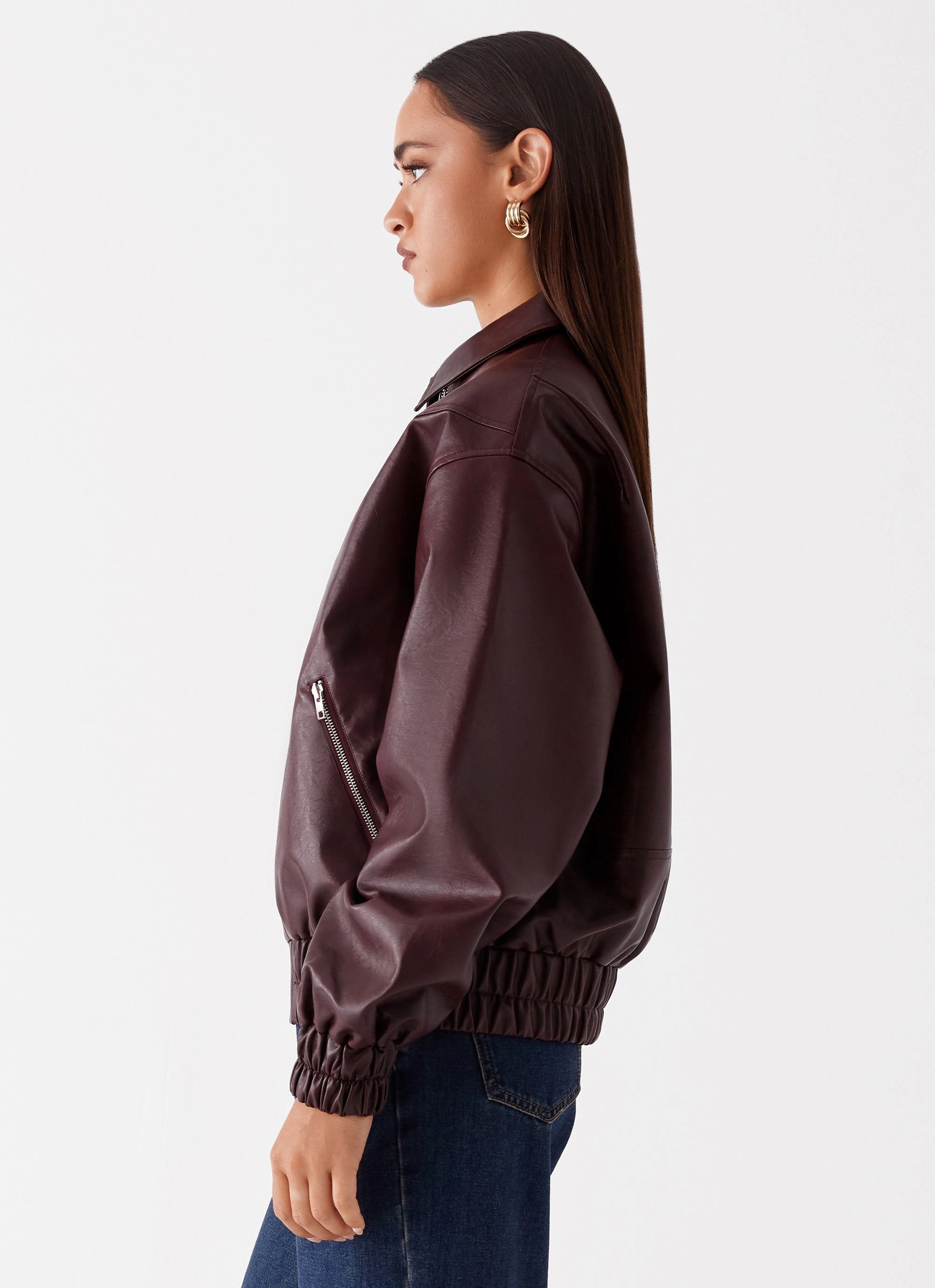 Adjustable Hemline Non Slip Collar Holland Bomber Jacket - Wine