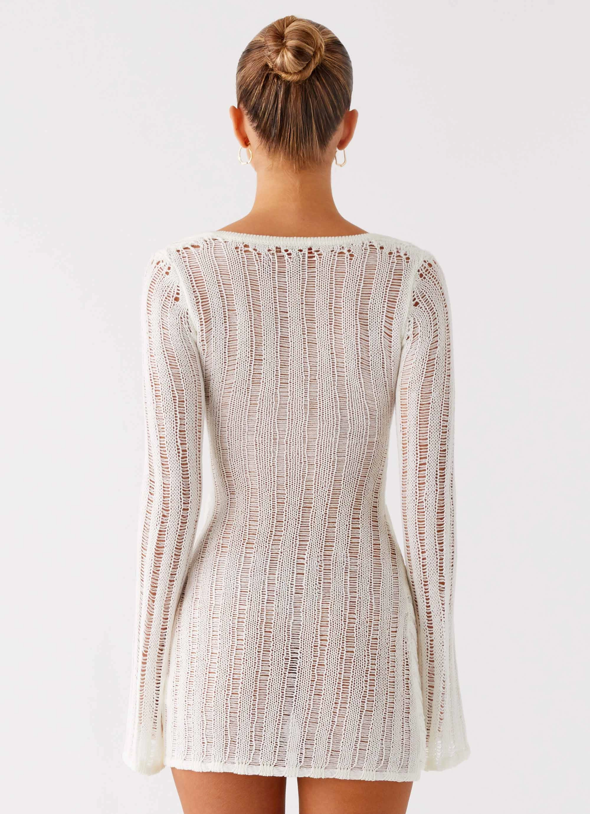Sorelle Long Sleeve Twist Mini Dress - Ivory Trendy Layering Neutral Finish