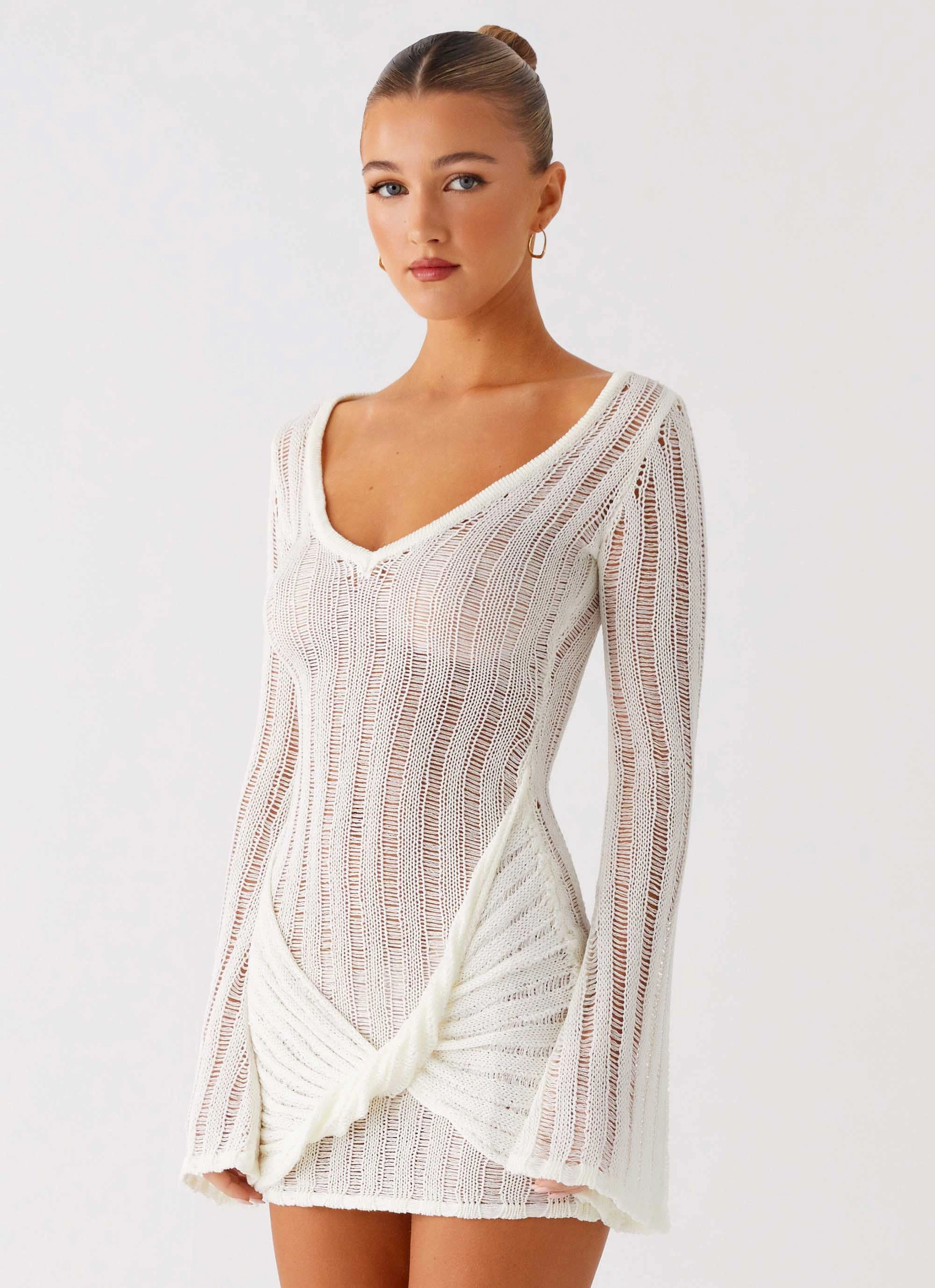 Pure Color Sorelle Long Sleeve Twist Mini Dress - Ivory