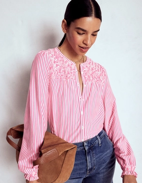 Elsa Smocked Yoke Jersey Shirt-Pink Ribbon Stripe OrganicCotton