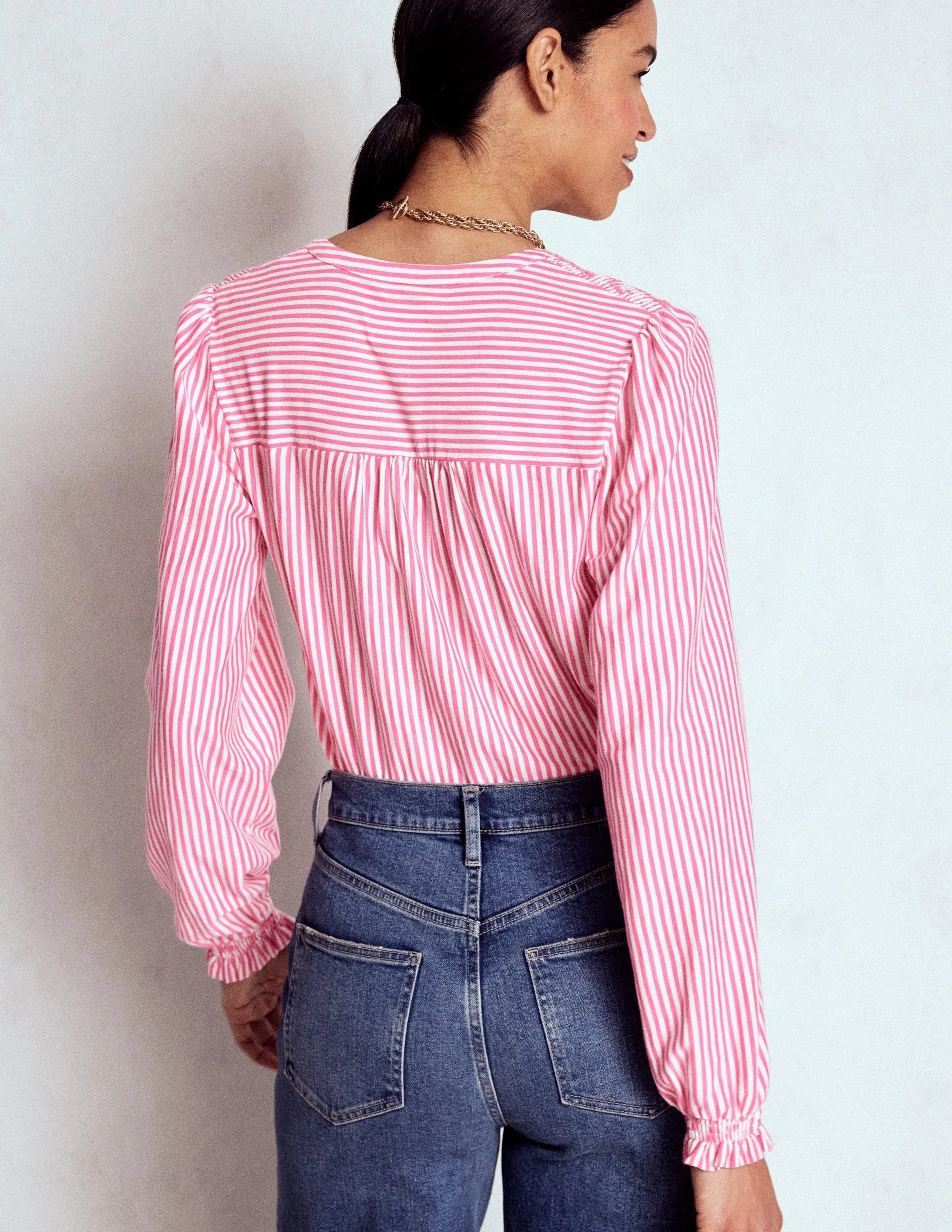 Elsa Smocked Yoke Jersey Shirt-Pink Ribbon Stripe RelaxedFit