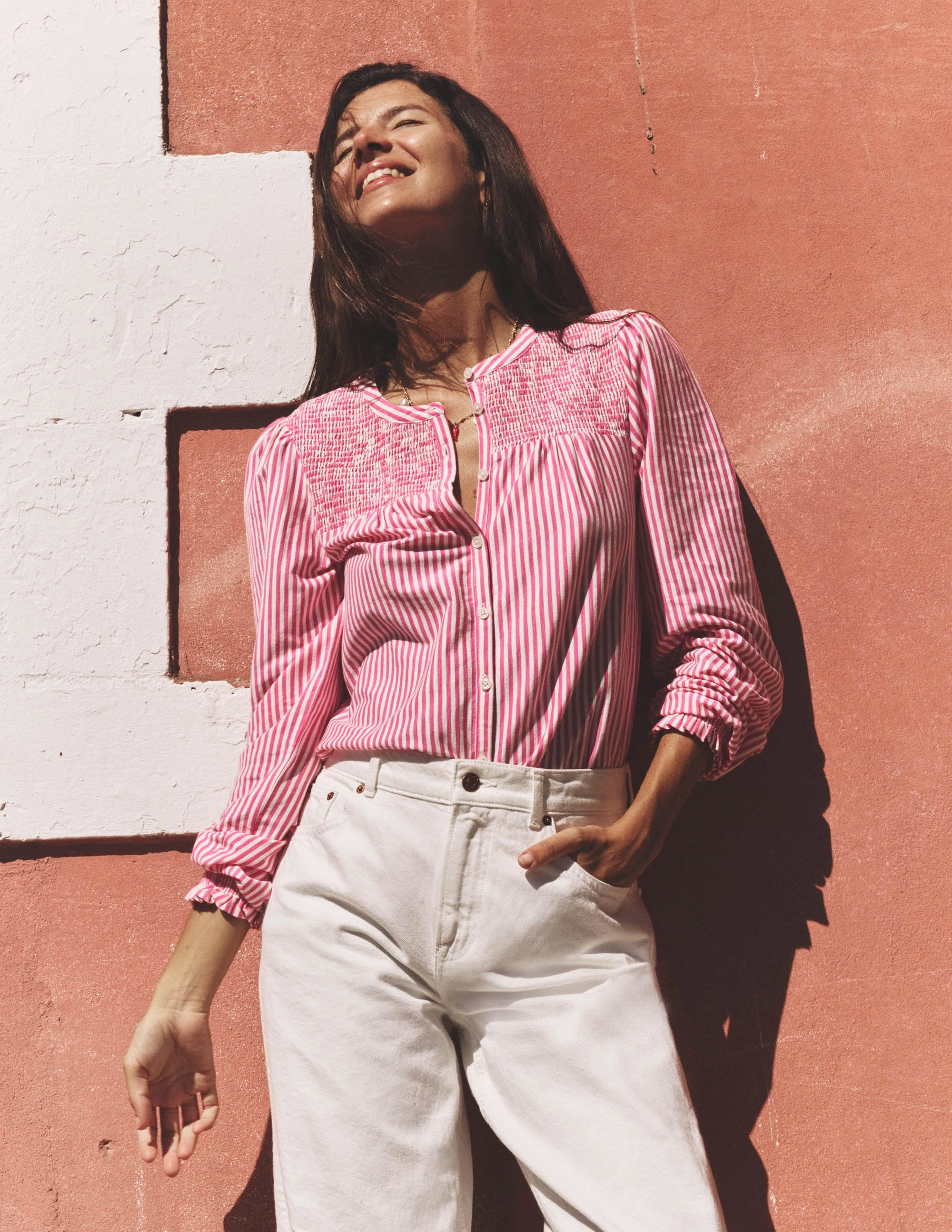 Formal Wear Elsa Smocked Yoke Jersey Shirt-Pink Ribbon Stripe
