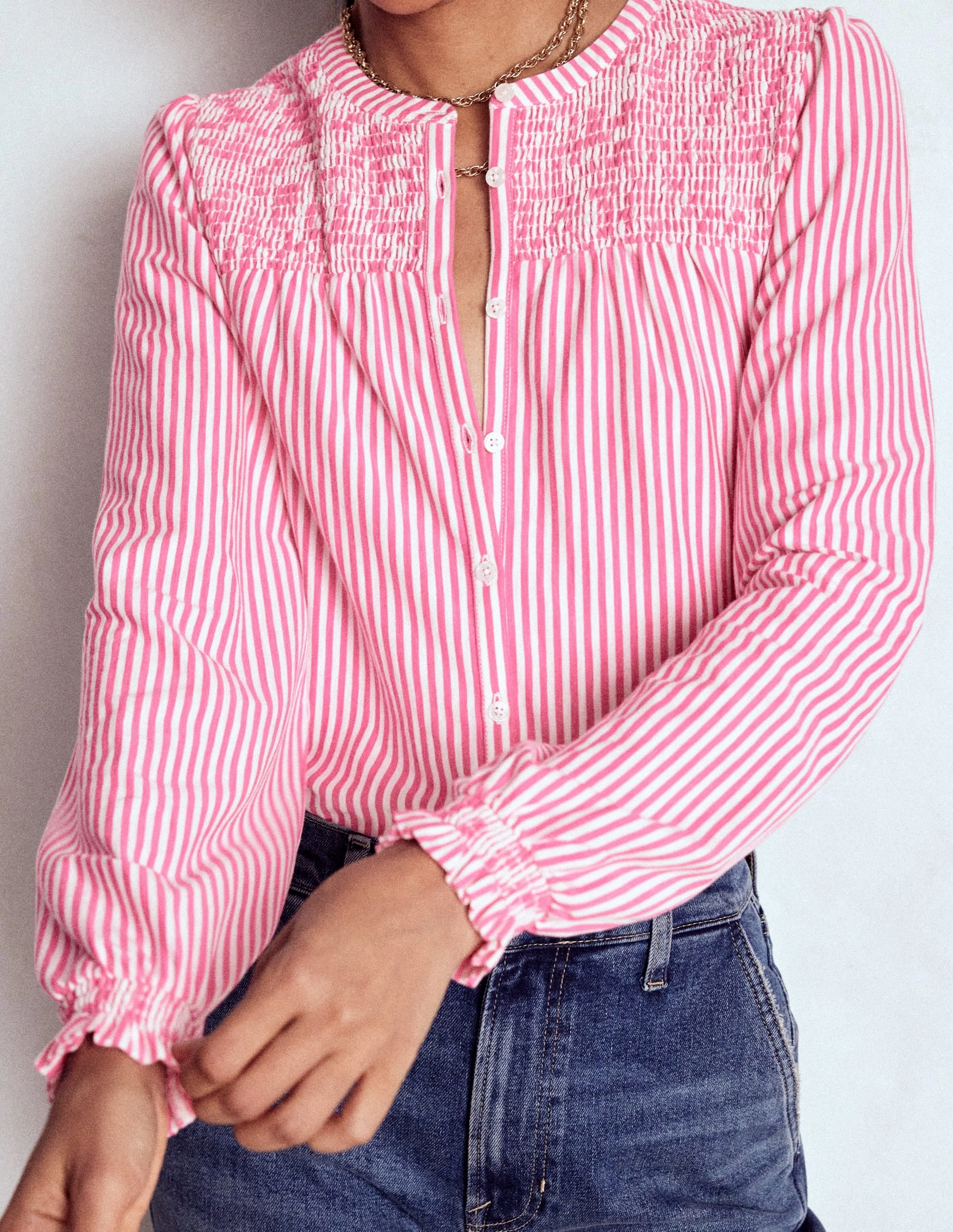 Elsa Smocked Yoke Jersey Shirt-Pink Ribbon Stripe StainRepellentCoating High Thread Count Cotton