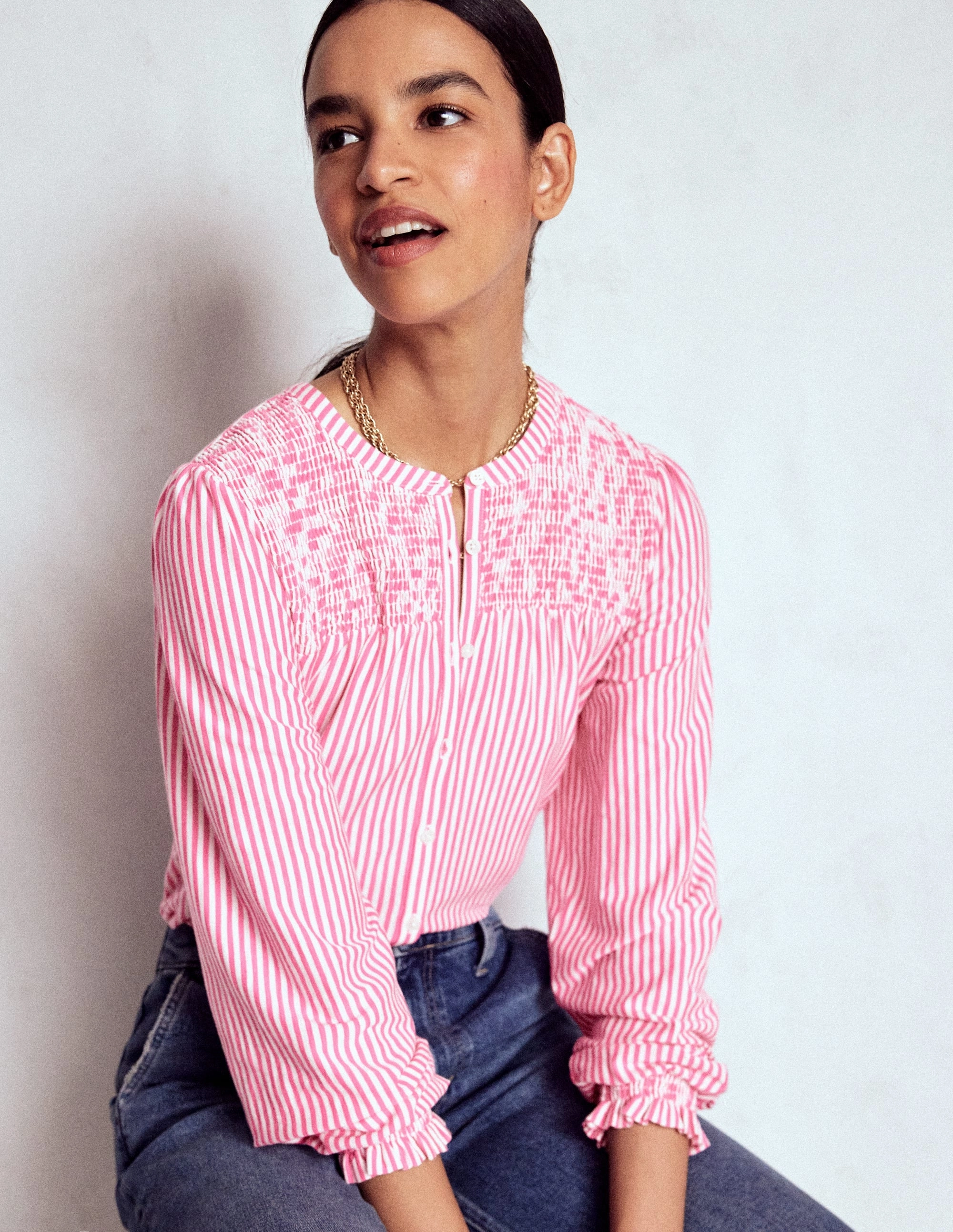 Organic Cotton Blend AntiPilling Elsa Smocked Yoke Jersey Shirt-Pink Ribbon Stripe