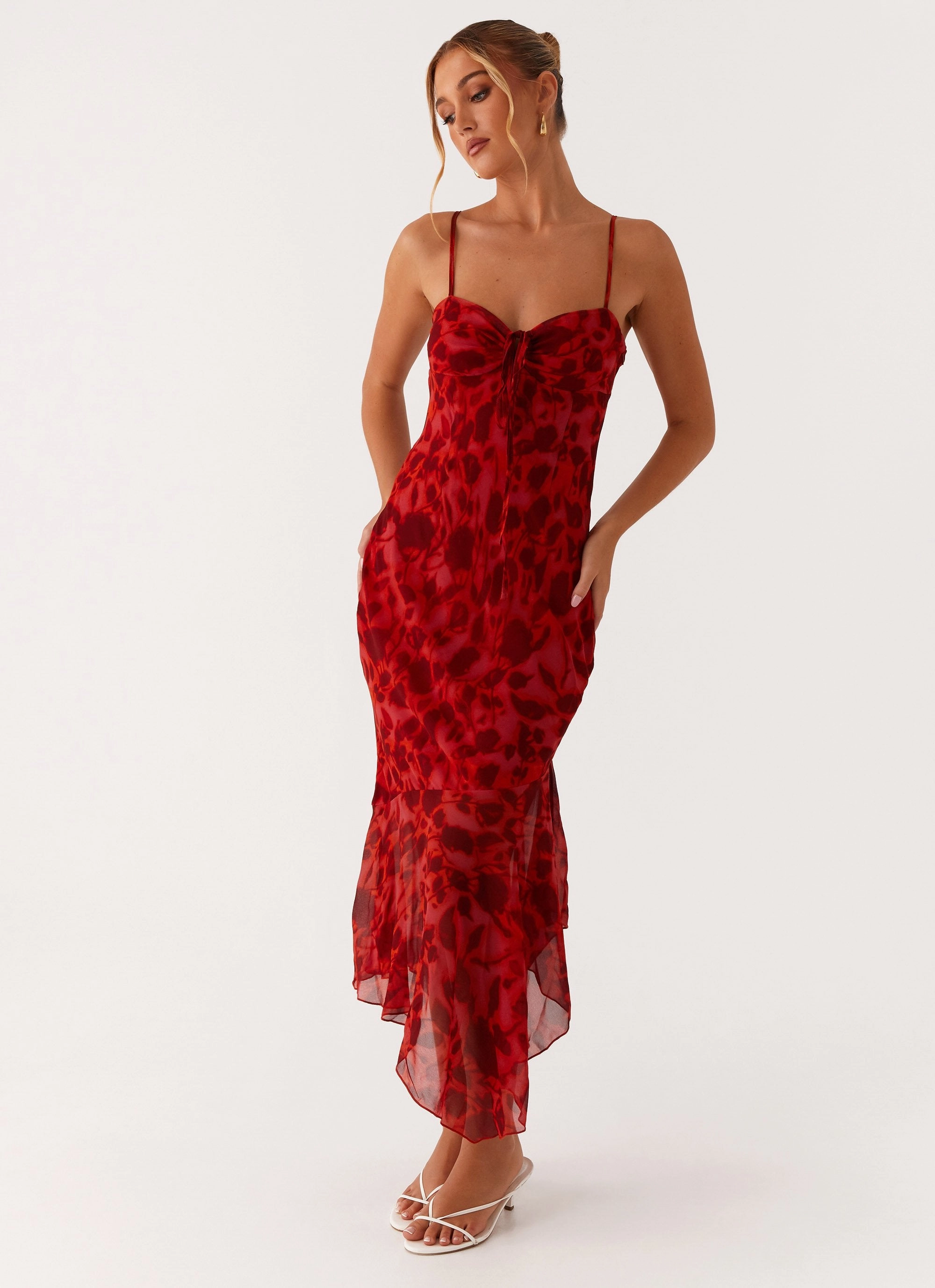 Versatile Edge High-waist Sally Midi Dress - Deep Red Floral