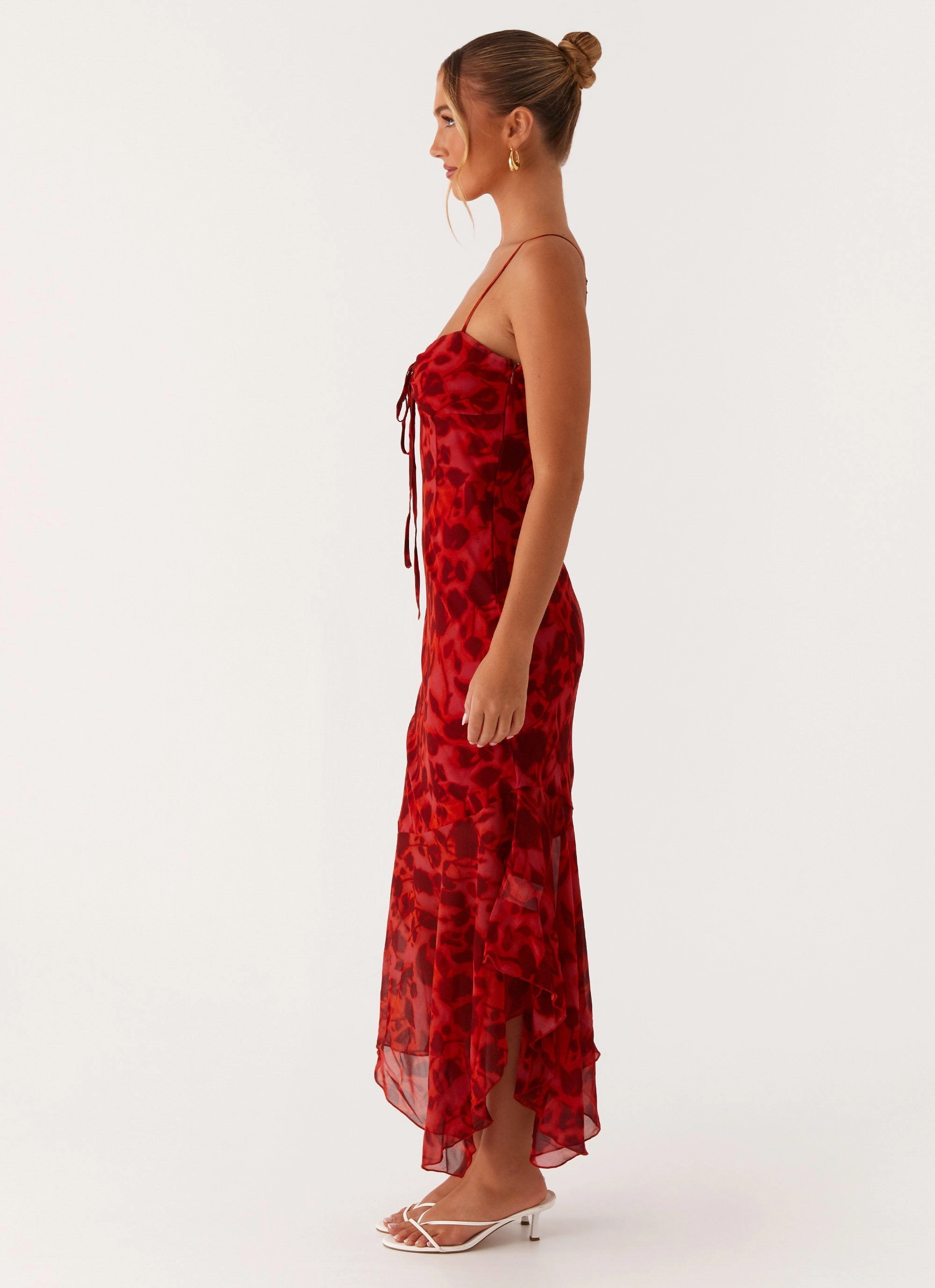 Sally Midi Dress - Deep Red Floral Gentle Shine Bless Touch