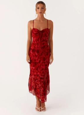 Sally Midi Dress - Deep Red Floral Easy Go Moment Light