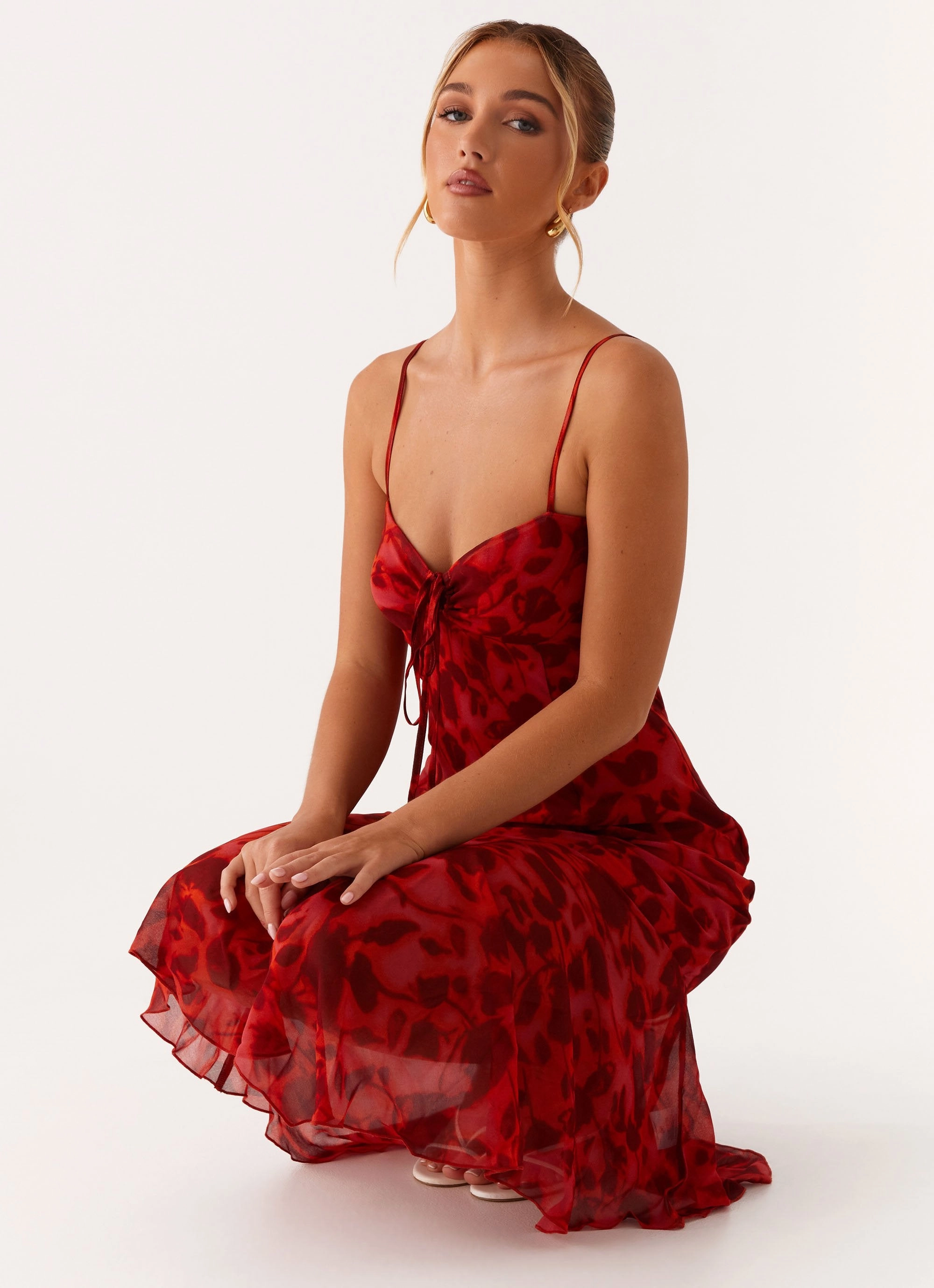 Sleeve Light Everyday Layers Sally Midi Dress - Deep Red Floral
