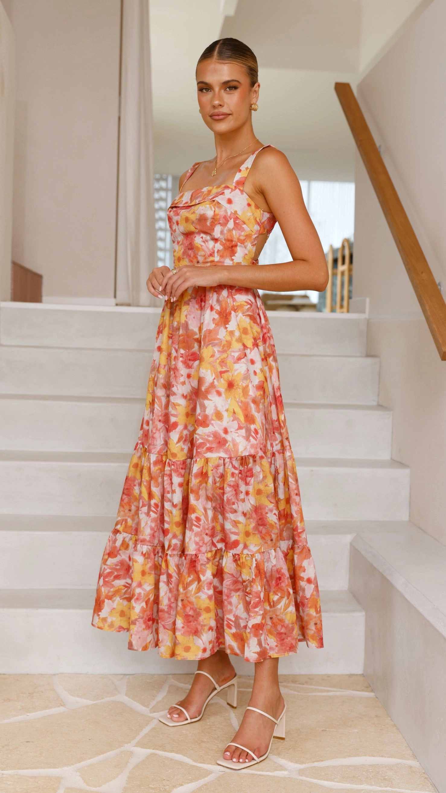 Bairbre Maxi Dress - Orange/Red Floral Printed-Fabric