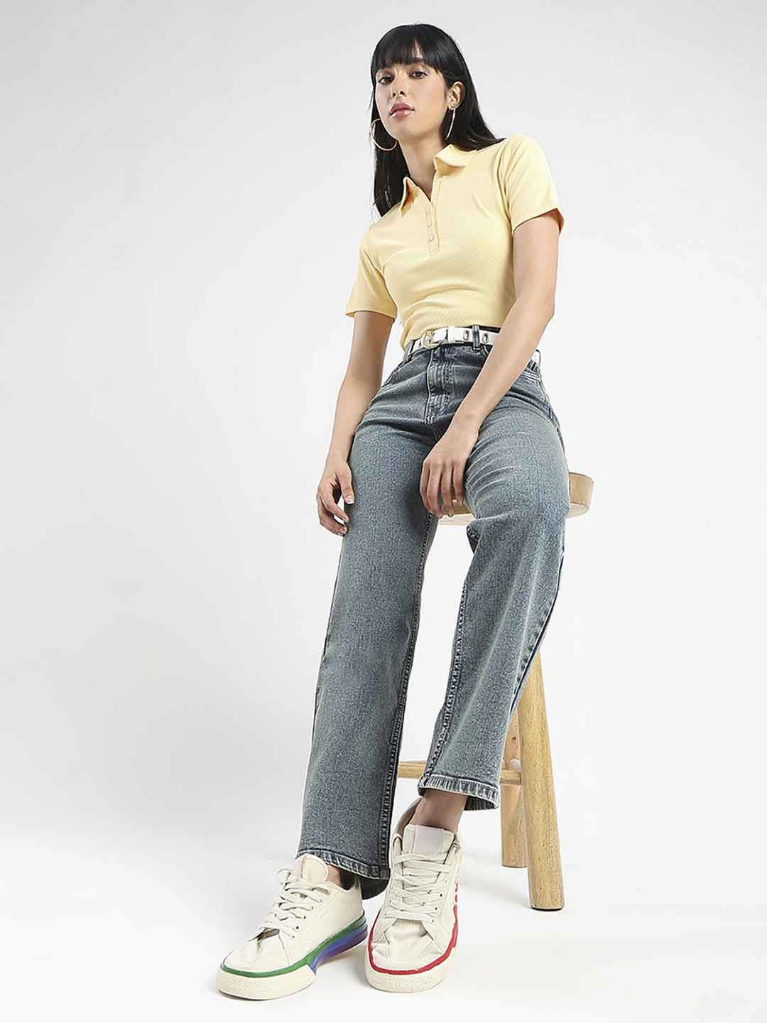 Madame Mid-Wash Tinted Blue Cotton Blend Denim Jeans Textured Bold