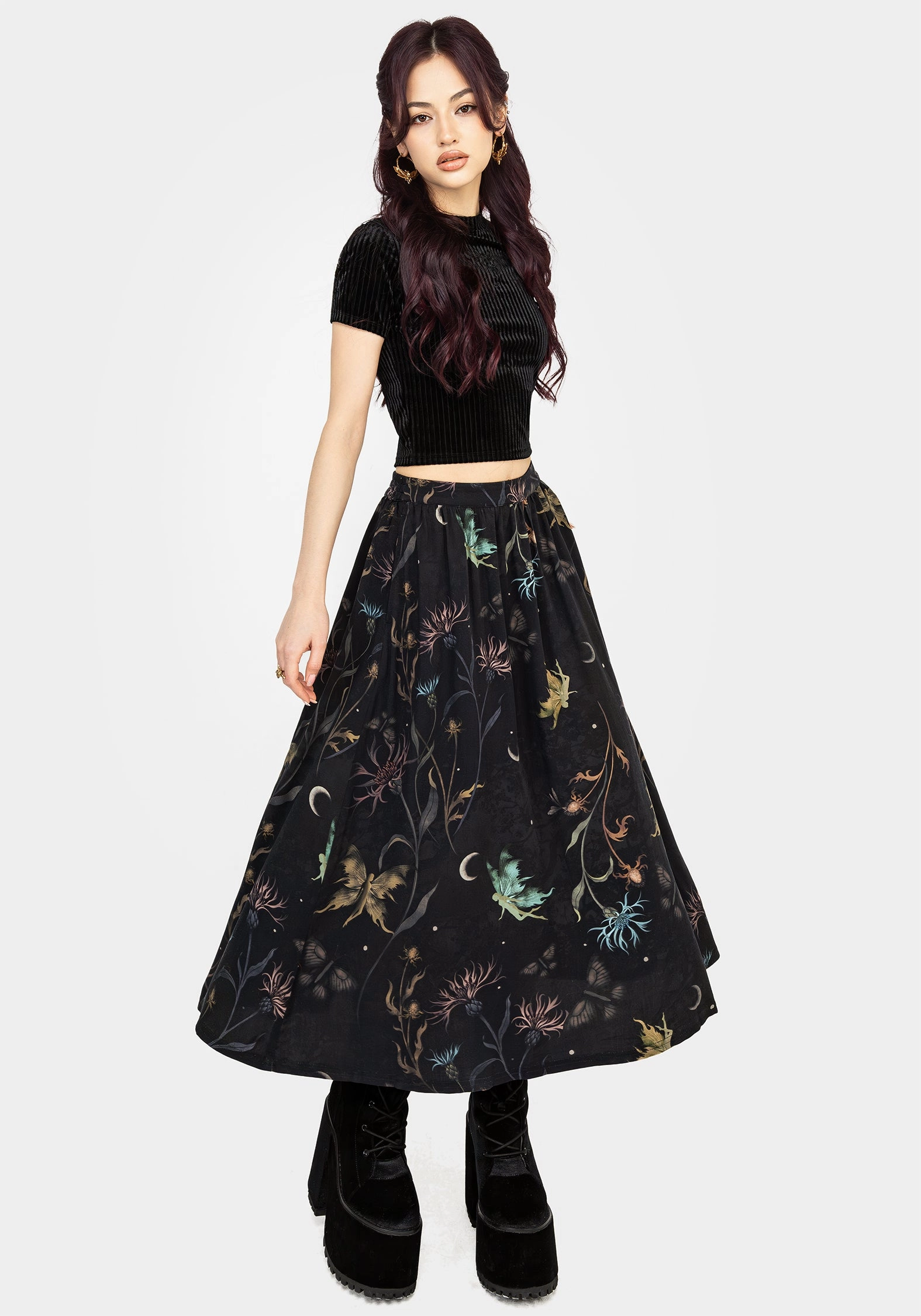 Rosanella Floral Print Midi Skirt High Shine Elastic hemline