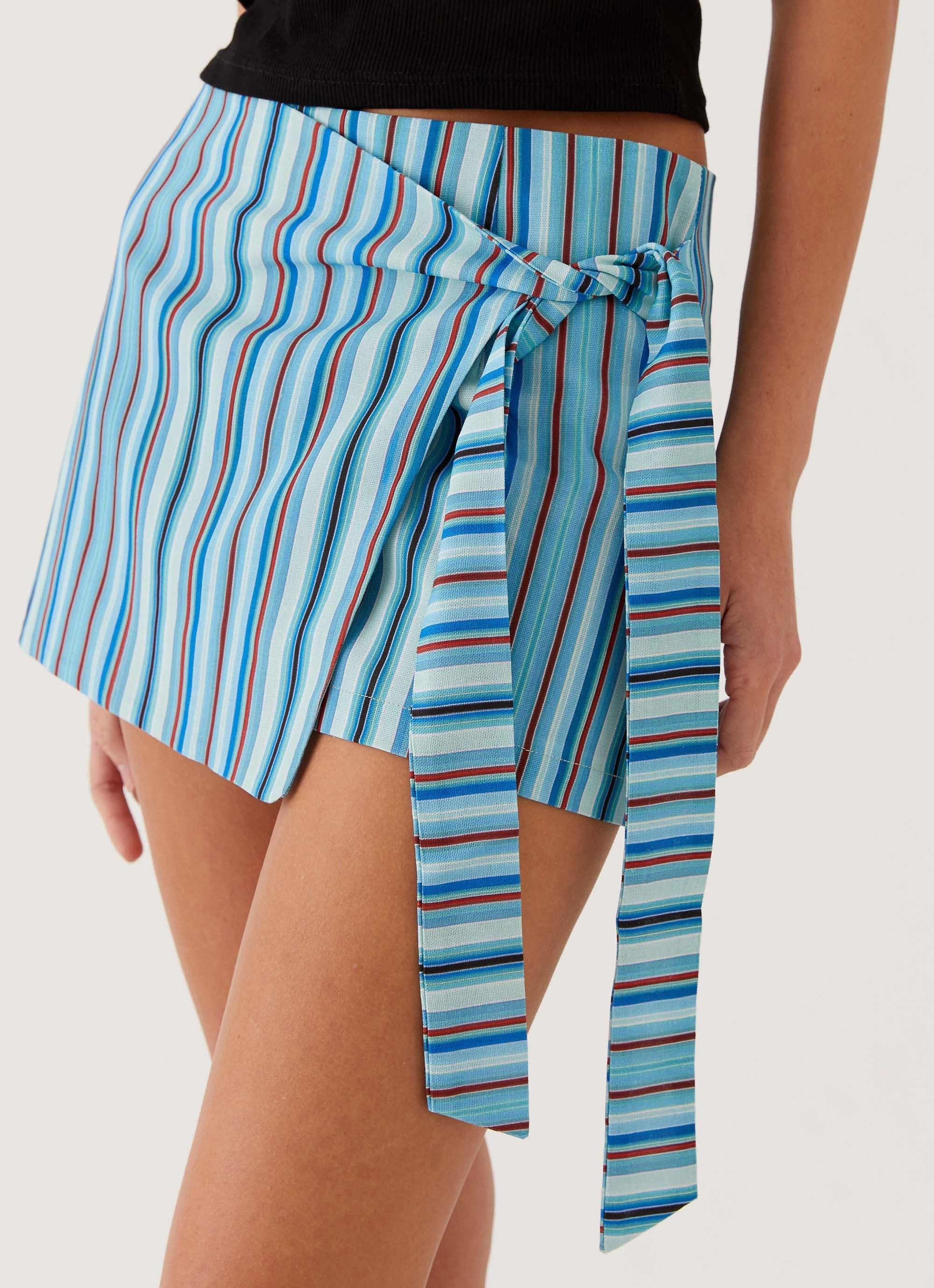 Steal Away Linen Wrap Skirt - Blue Stripe Shirred Back All Season