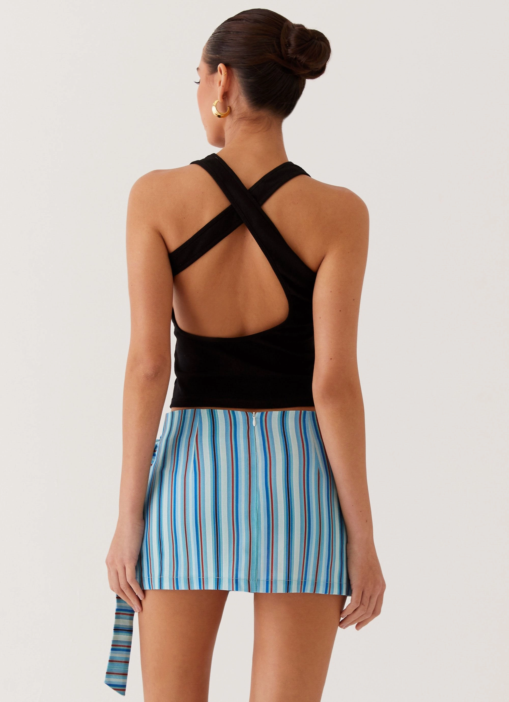 No Ride Up Leg Elongating Steal Away Linen Wrap Skirt - Blue Stripe