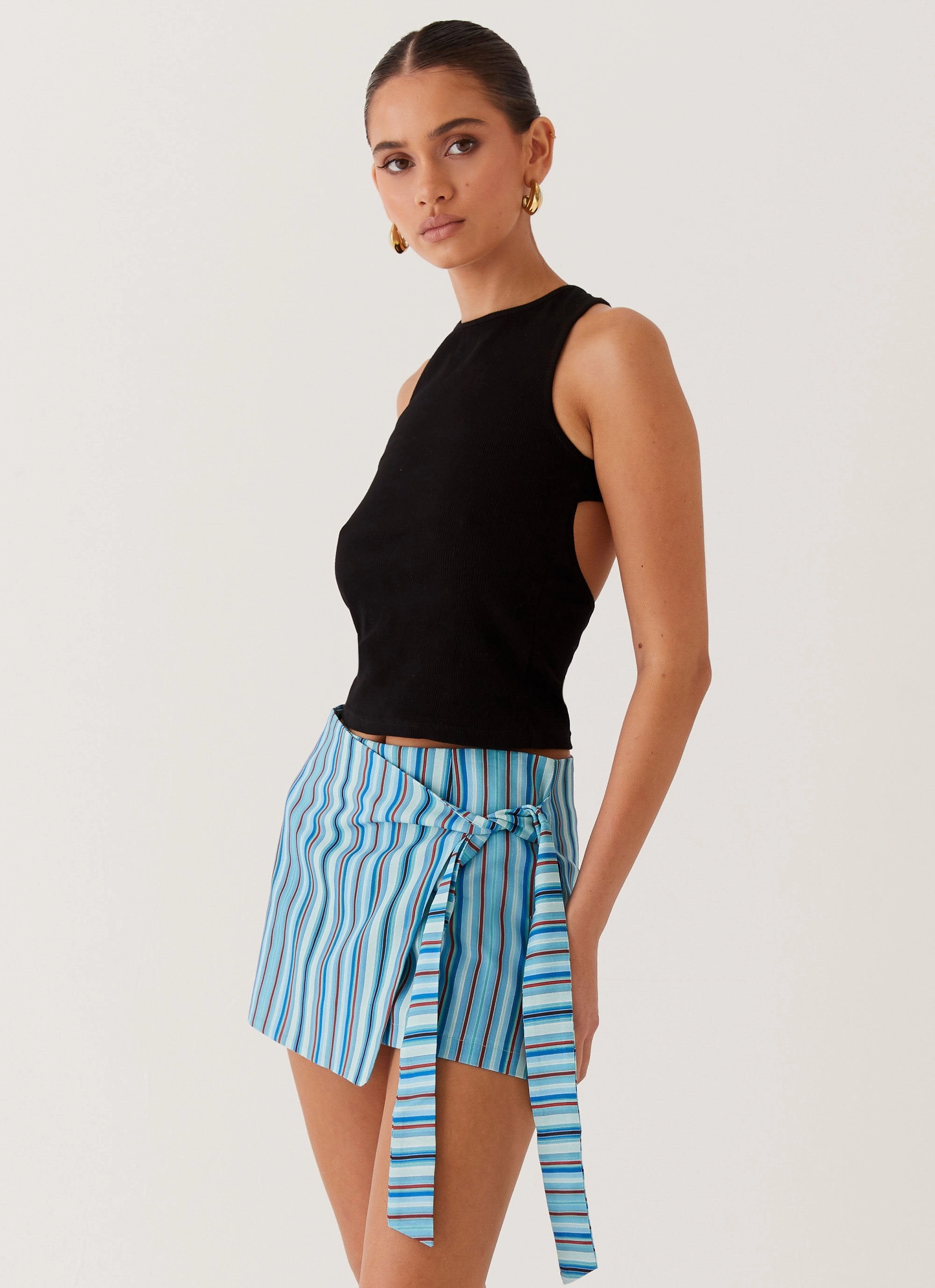 Steal Away Linen Wrap Skirt - Blue Stripe High Street Chic