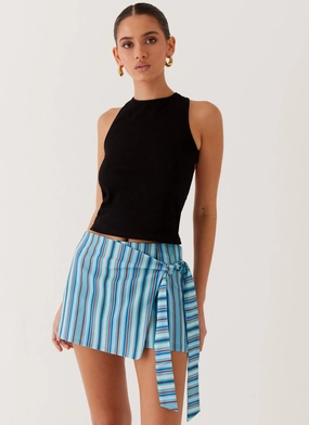 Steal Away Linen Wrap Skirt - Blue Stripe Travel Friendly