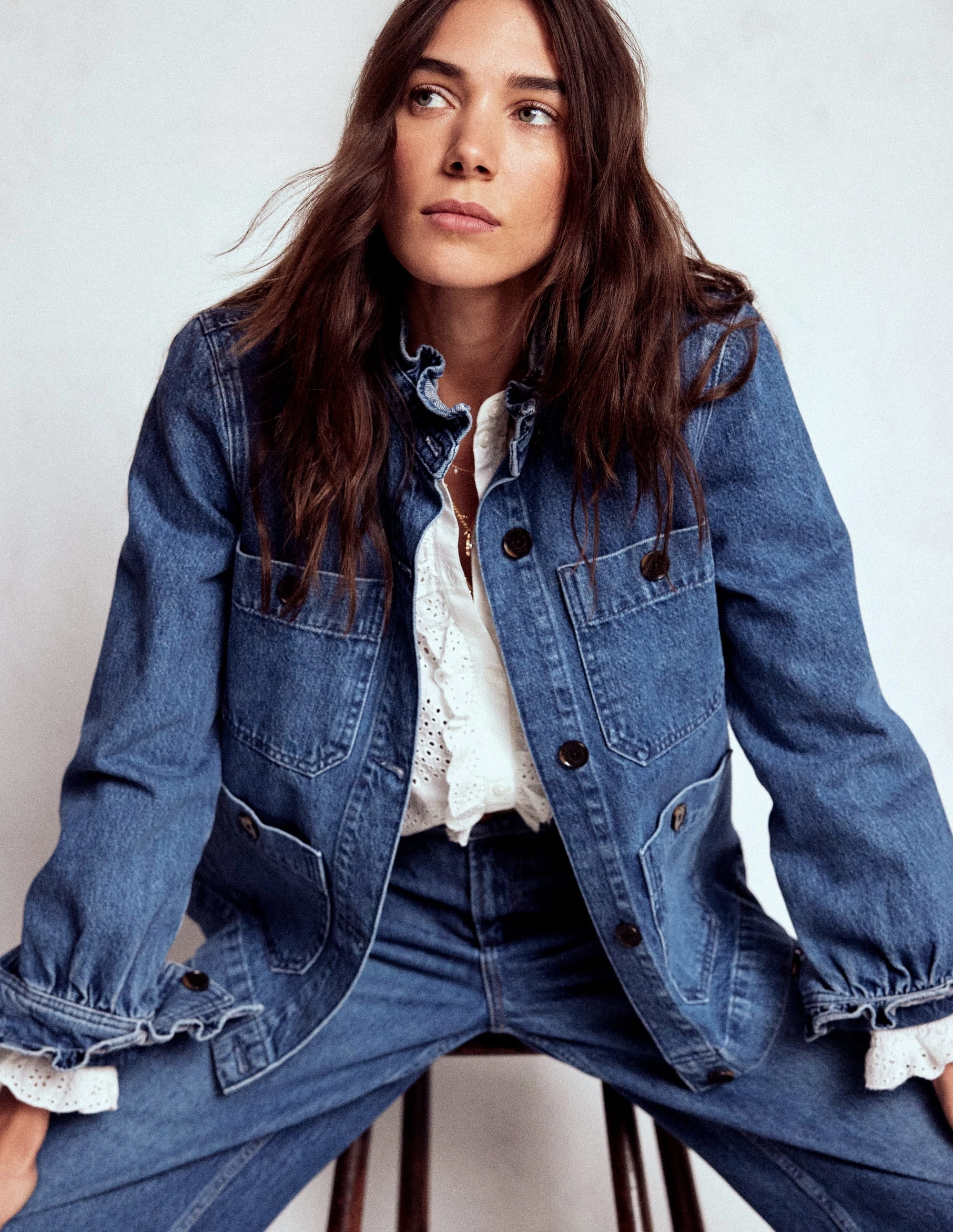 Denim Frill Collar Jacket-Mid Wash simple design