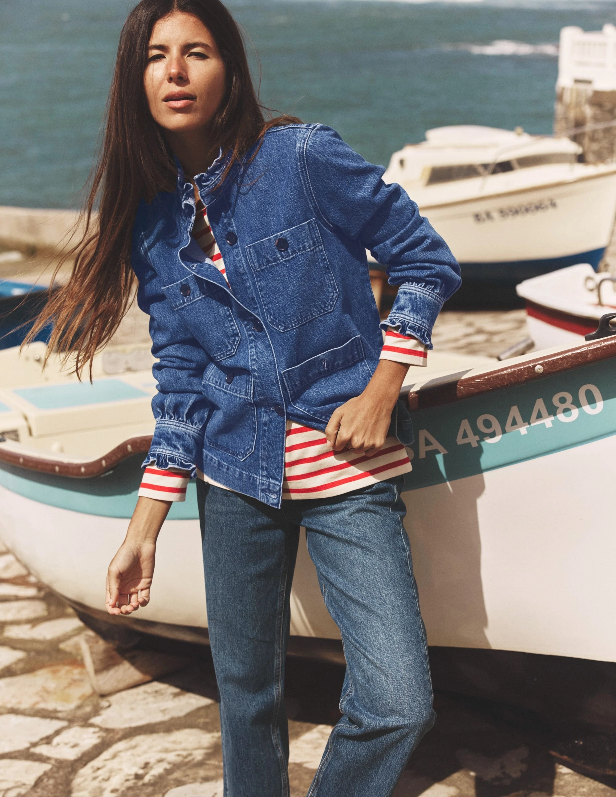 Denim Frill Collar Jacket-Mid Wash Durable AbrasionResistant Panels DurableOuterShell