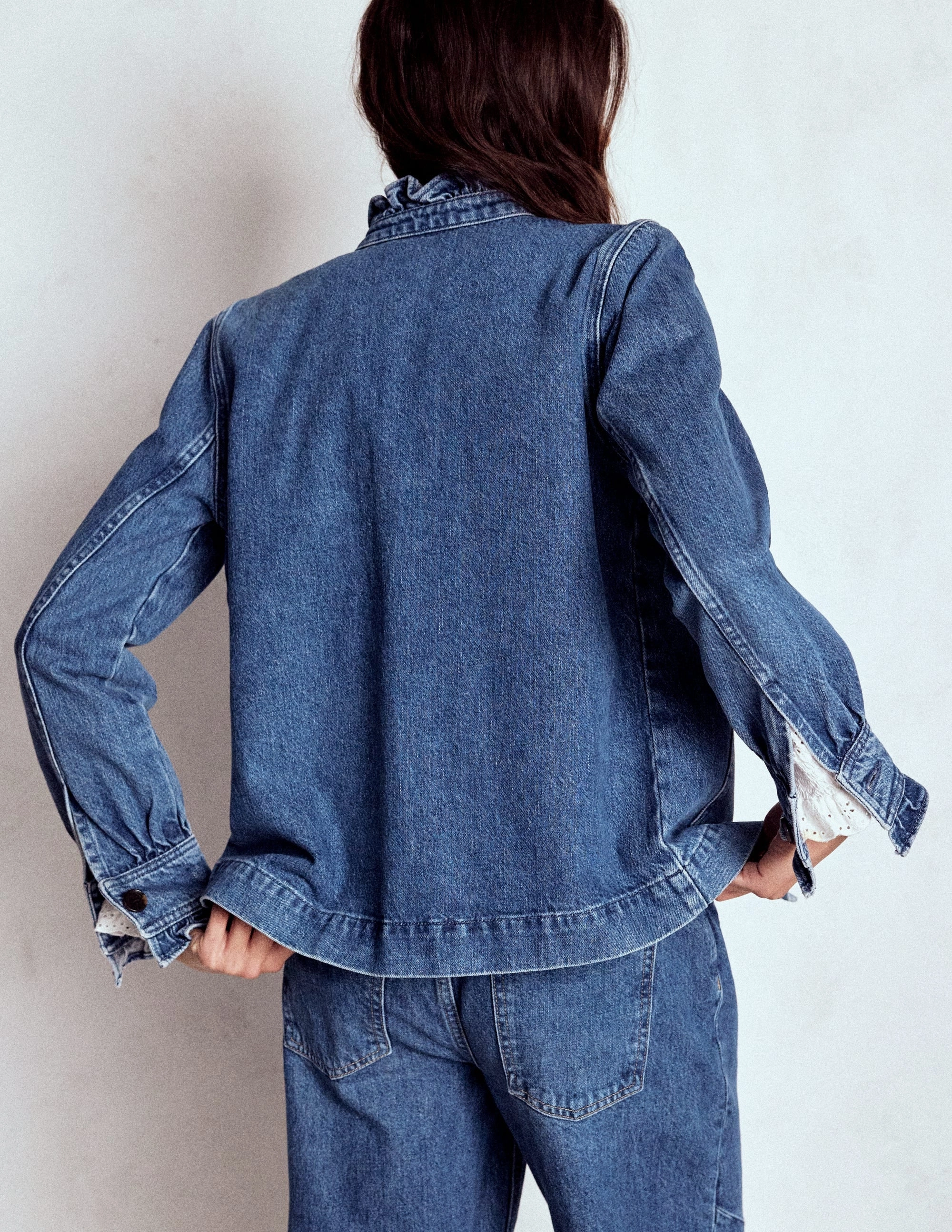 Denim Frill Collar Jacket-Mid Wash Bonded Closure Mechanism Practical Everyday Fit