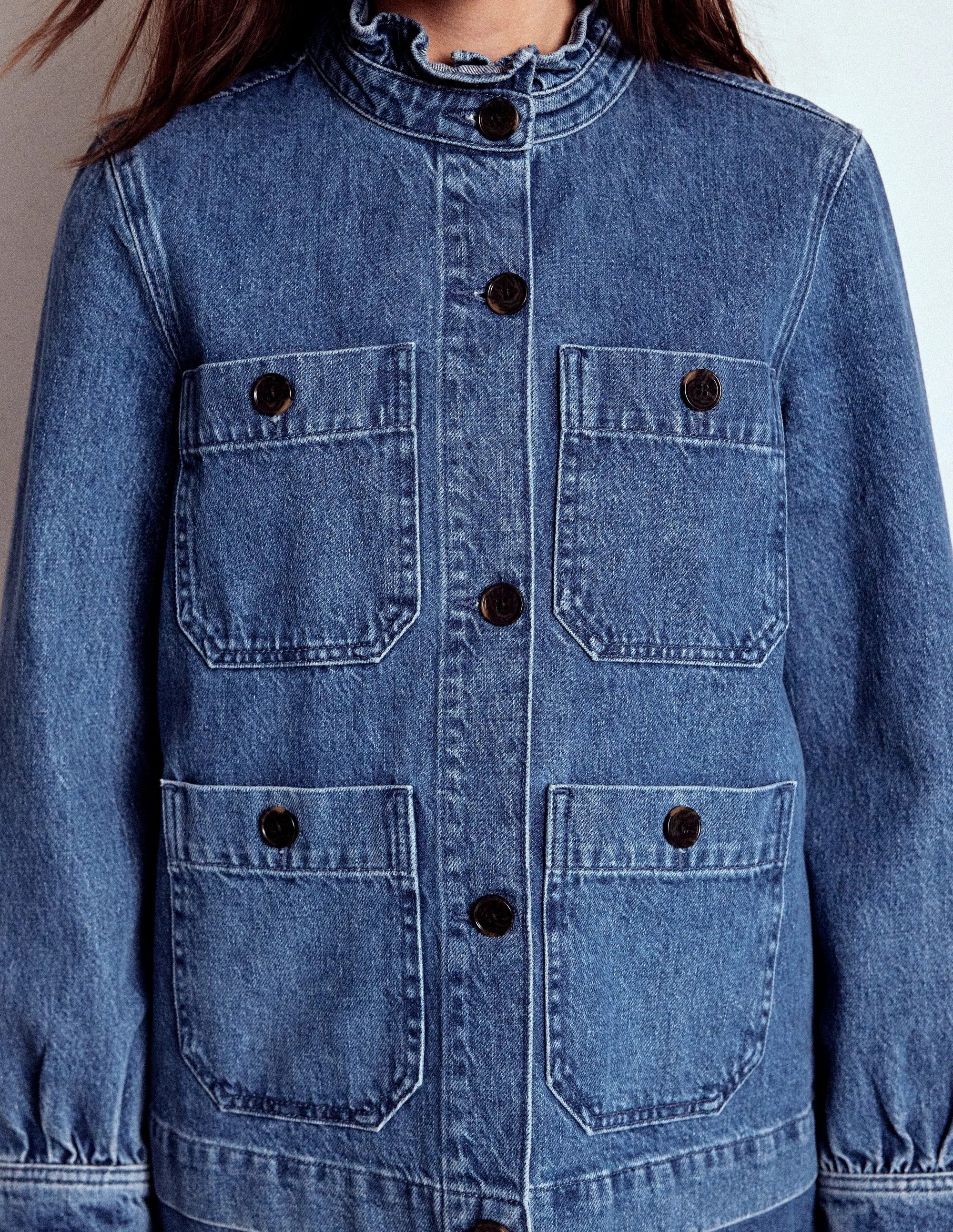 Denim Frill Collar Jacket-Mid Wash Flexible Layer System