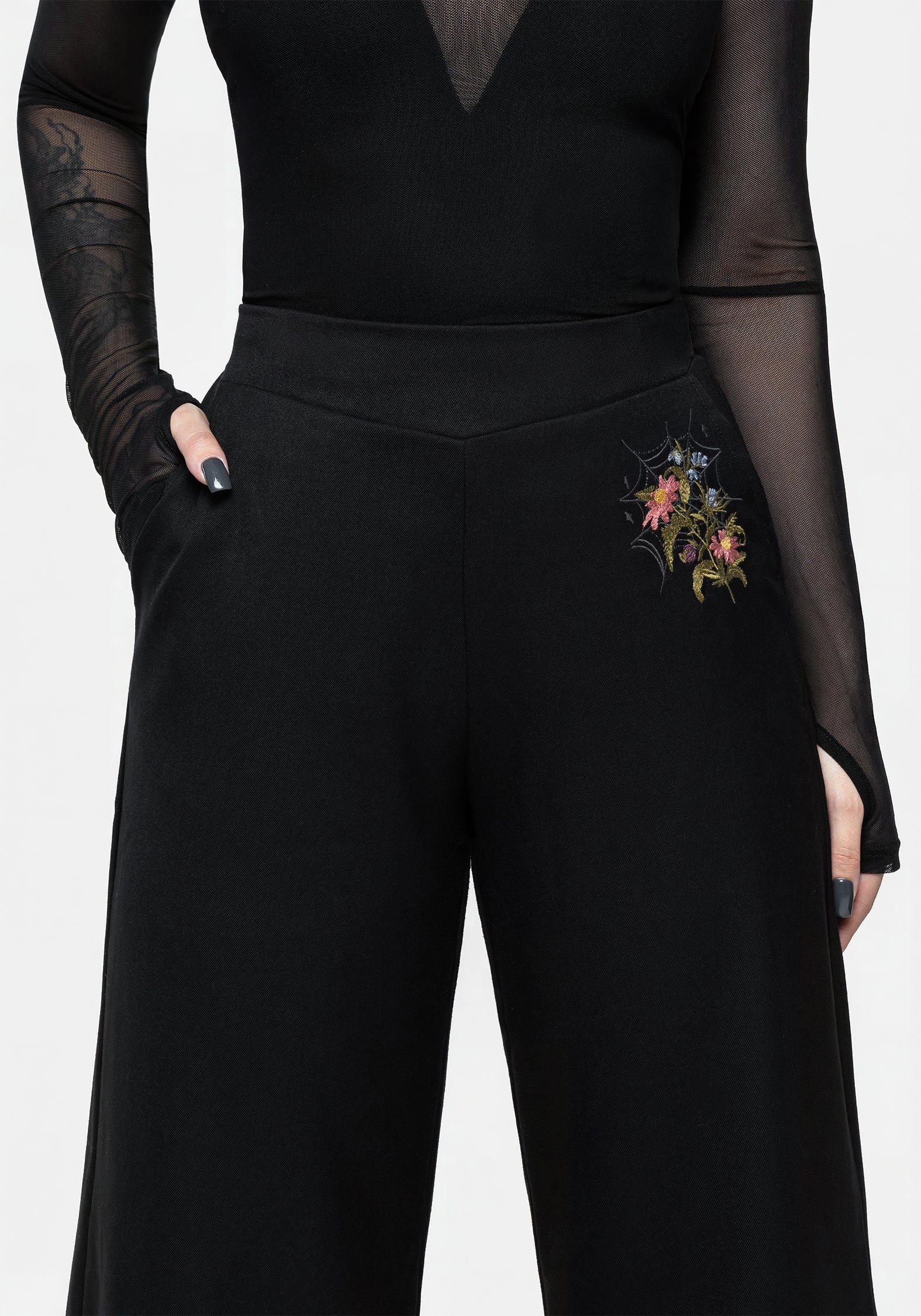 Cleome Floral Spiderweb Embroidered Trousers Fashionable Cut Durable Seam Construction