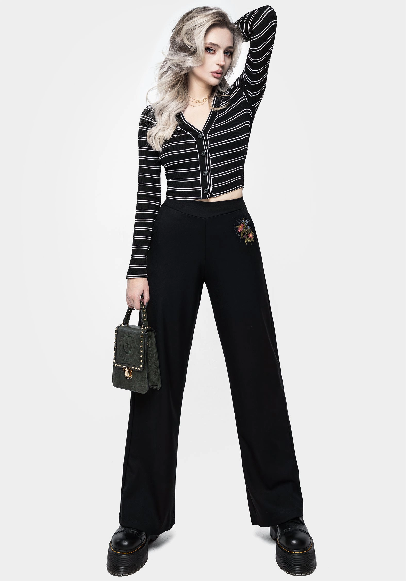 Cleome Floral Spiderweb Embroidered Trousers Gusseted Crotch Full Motion