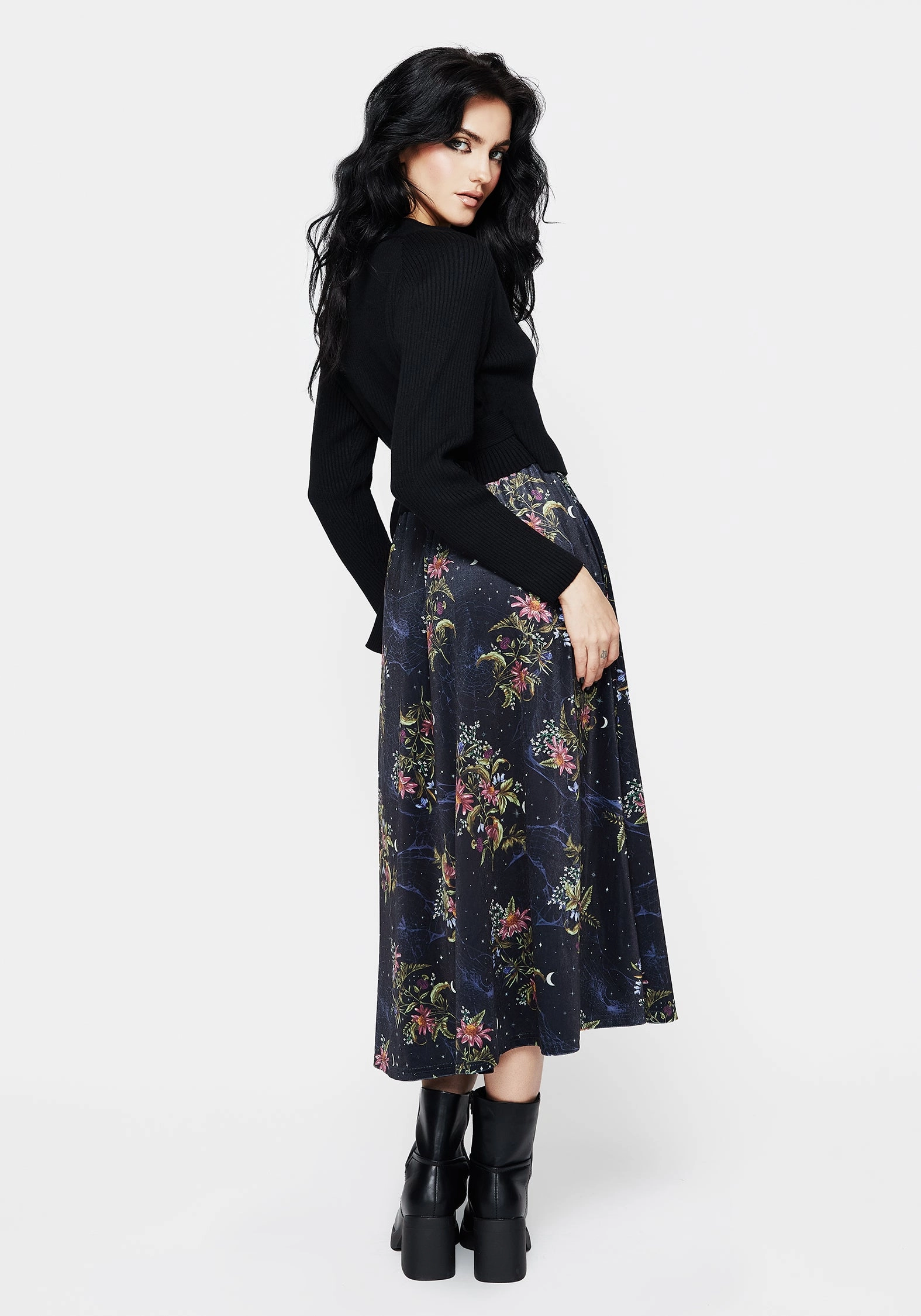 Comfort Waistline Minimalist Style Cleome Floral Spiderweb Velour Midi Skirt