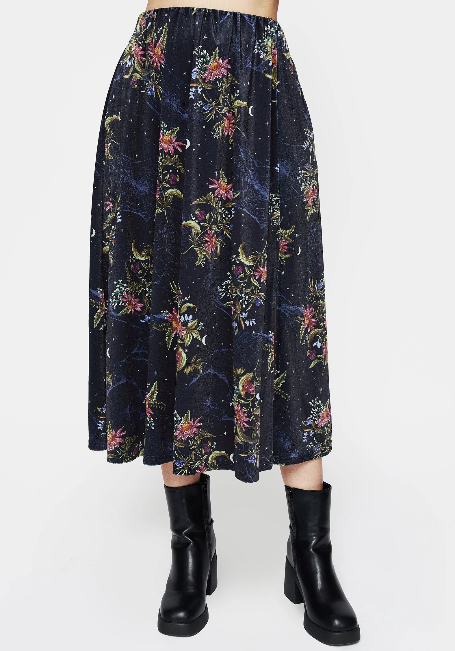 Fresh Aesthetic Non Irritating Edges Cleome Floral Spiderweb Velour Midi Skirt
