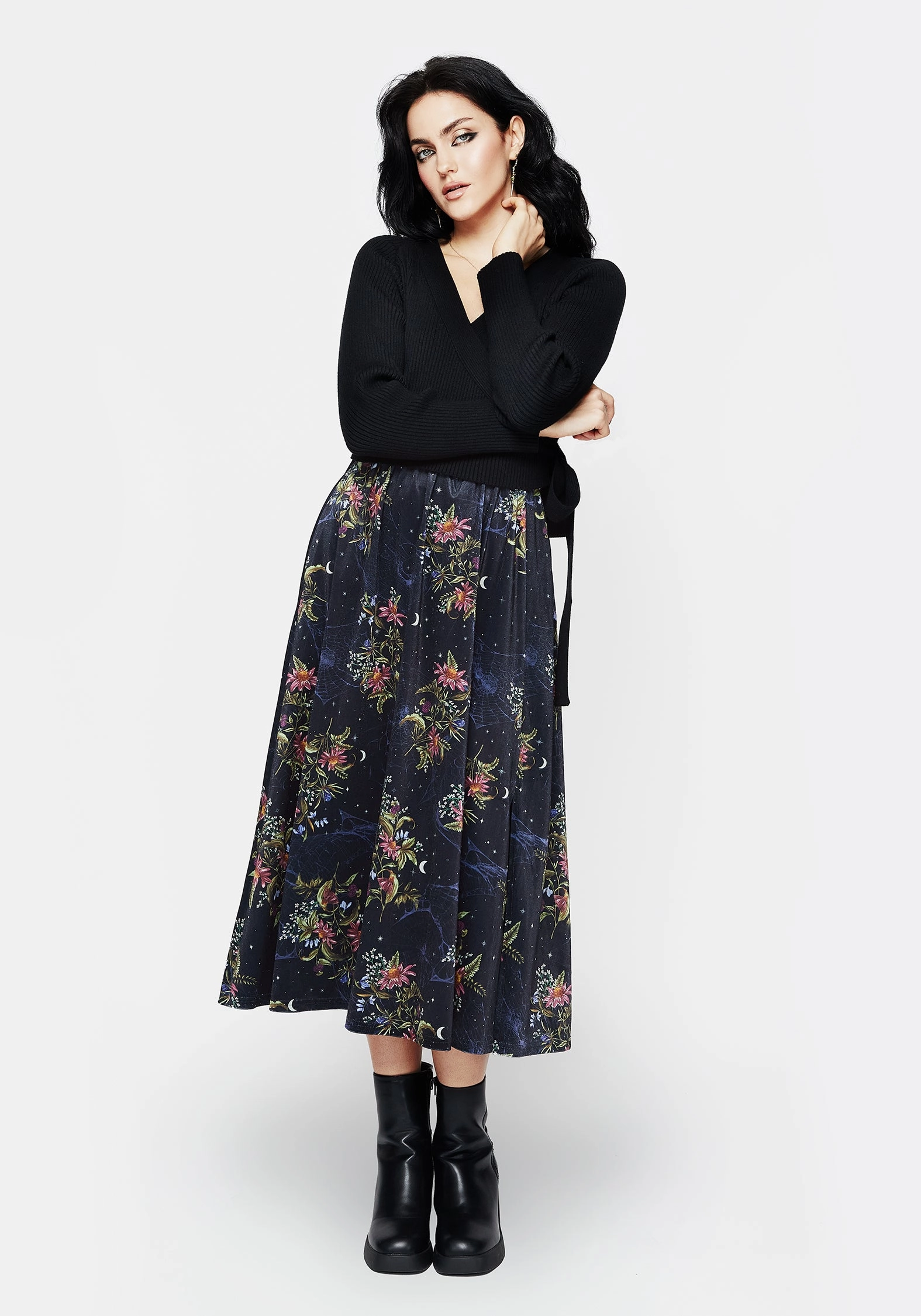 Road Trip Cleome Floral Spiderweb Velour Midi Skirt