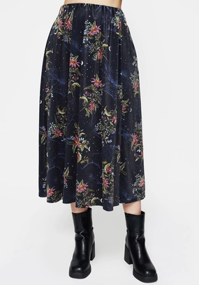 Fresh Aesthetic Non Irritating Edges Cleome Floral Spiderweb Velour Midi Skirt