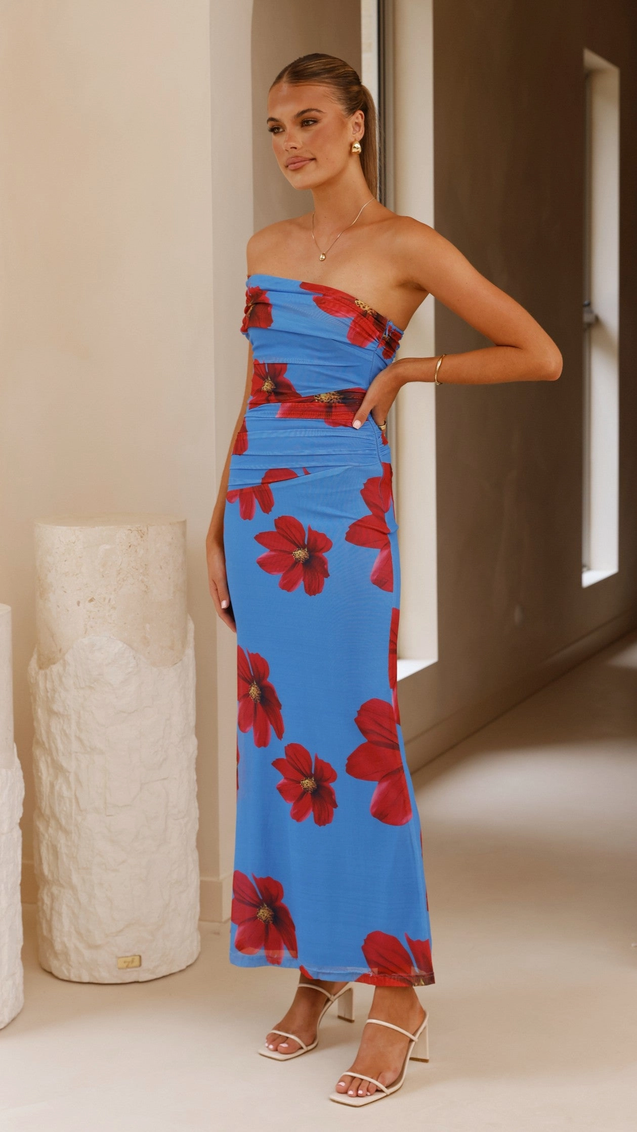 Trendy Everyday Eisa One Shoulder Maxi Dress - Blue / Red Floral